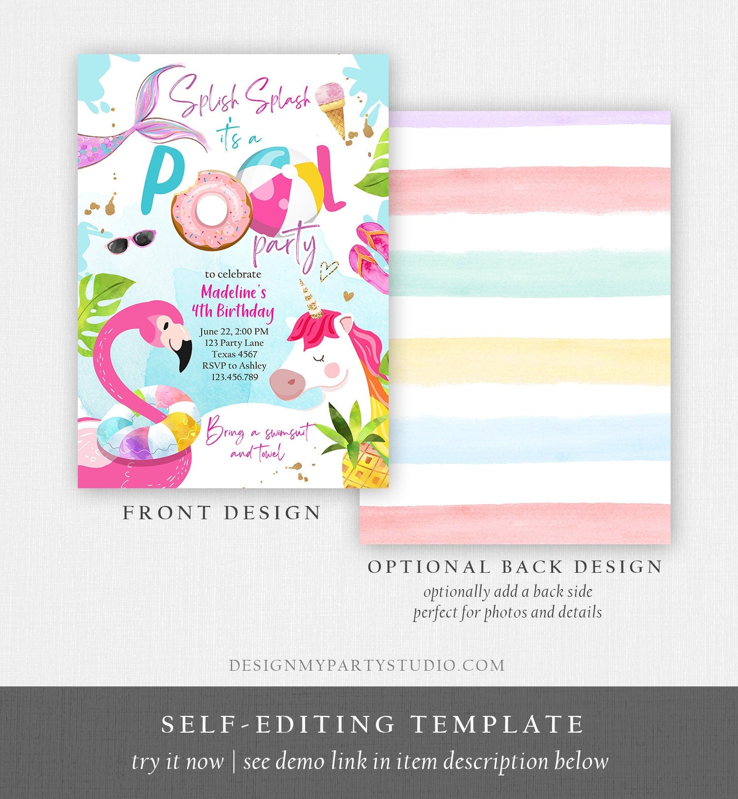 Editable Pool Party Invitation Pool Party Bash Invite Girl Pink Unicorn Float Flamingo Tropical Download Printable Template Corjl 0416
