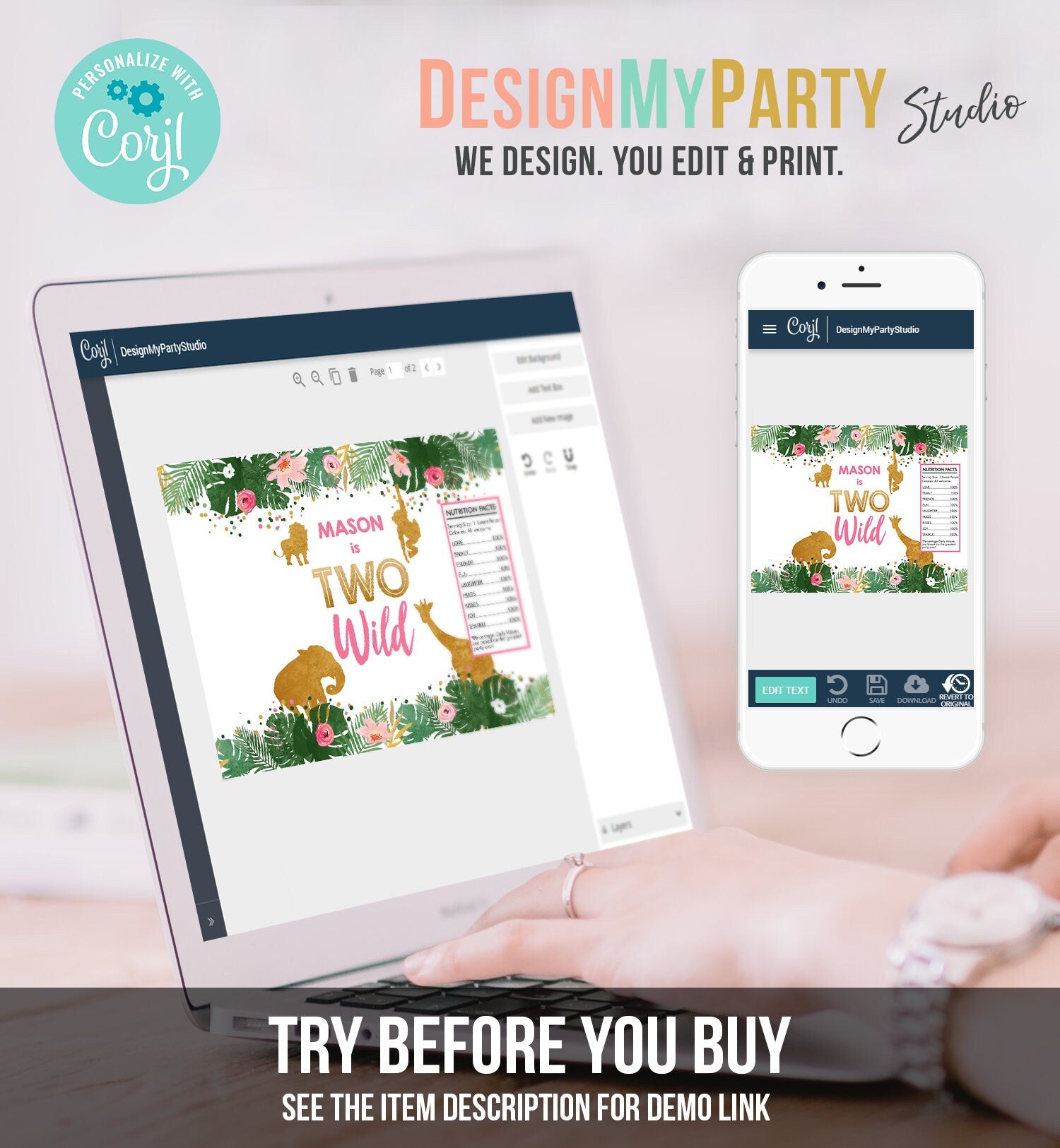 Editable Two Wild Safari Animals Chip Bag Party Girl Second Birthday 2nd Party Snack Favors Gold Corjl Template Printable 0016