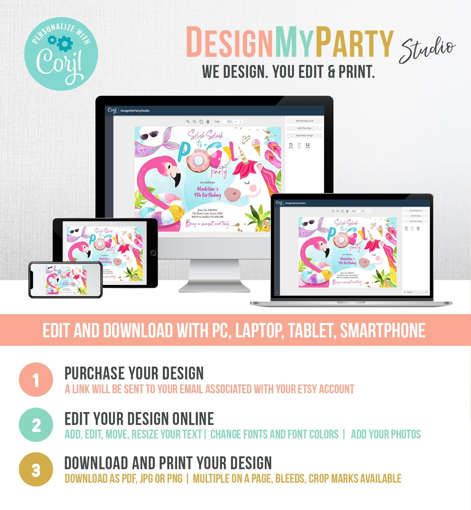 Editable Pool Party Invitation Pool Party Bash Invite Girl Pink Unicorn Float Flamingo Tropical Download Printable Template Corjl 0416