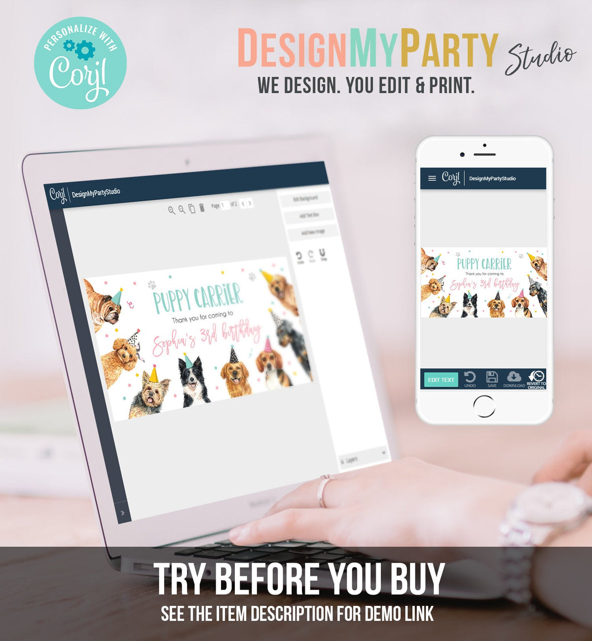 Editable Puppy Carrier Box Favor Label Puppy Birthday Favor Box Label Boy Girl Adopt a Puppy Pet Vet Digital Download Printable Corjl 0384