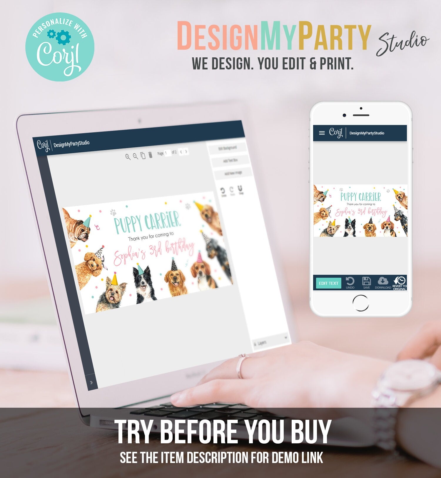 Editable Puppy Carrier Box Favor Label Puppy Birthday Favor Box Label Boy Girl Adopt a Puppy Pet Vet Digital Download Printable Corjl 0384