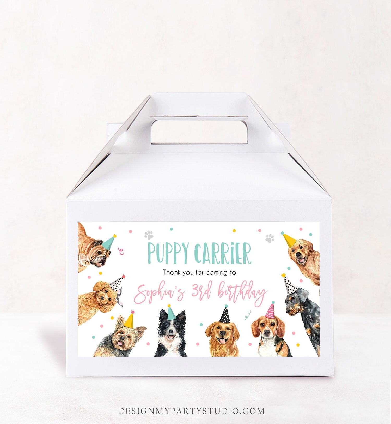 Editable Puppy Carrier Box Favor Label Puppy Birthday Favor Box Label Boy Girl Adopt a Puppy Pet Vet Digital Download Printable Corjl 0384