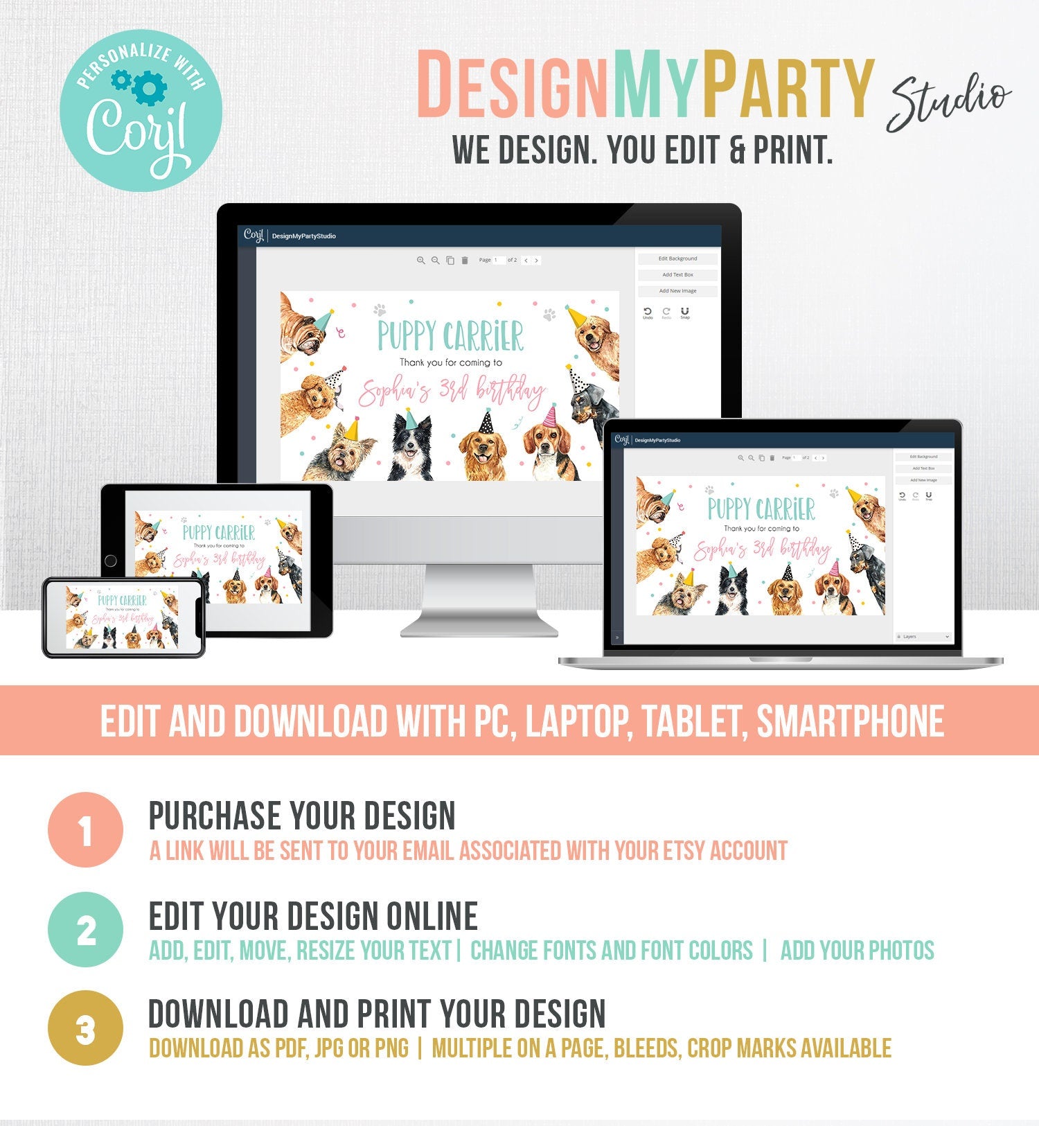 Editable Puppy Carrier Box Favor Label Puppy Birthday Favor Box Label Boy Girl Adopt a Puppy Pet Vet Digital Download Printable Corjl 0384