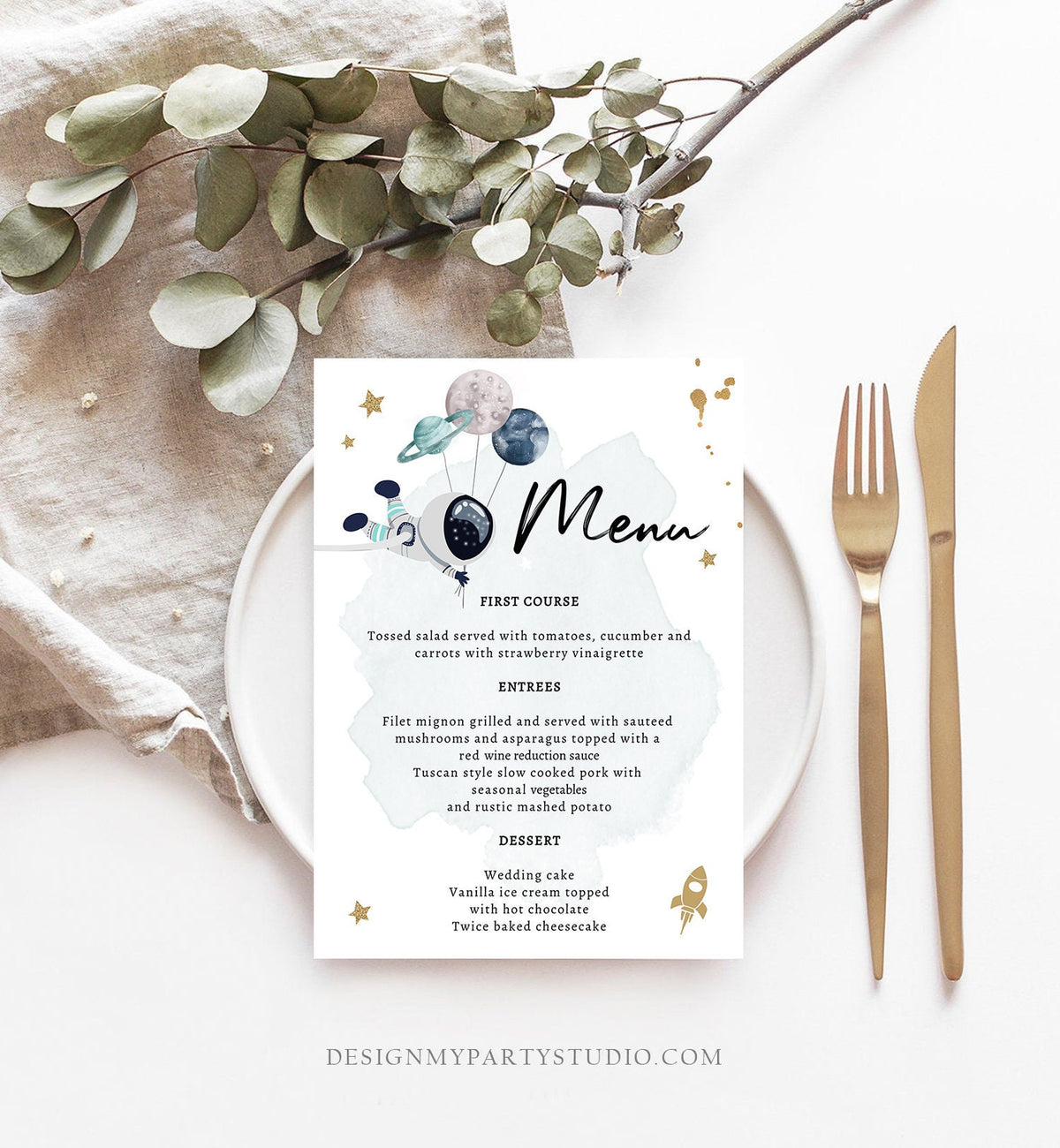 Editable Outer Space Menu Card Space Birthday Galaxy Trip Around the Sun Boy Planets Astronaut Digital Download Template Printable 0366