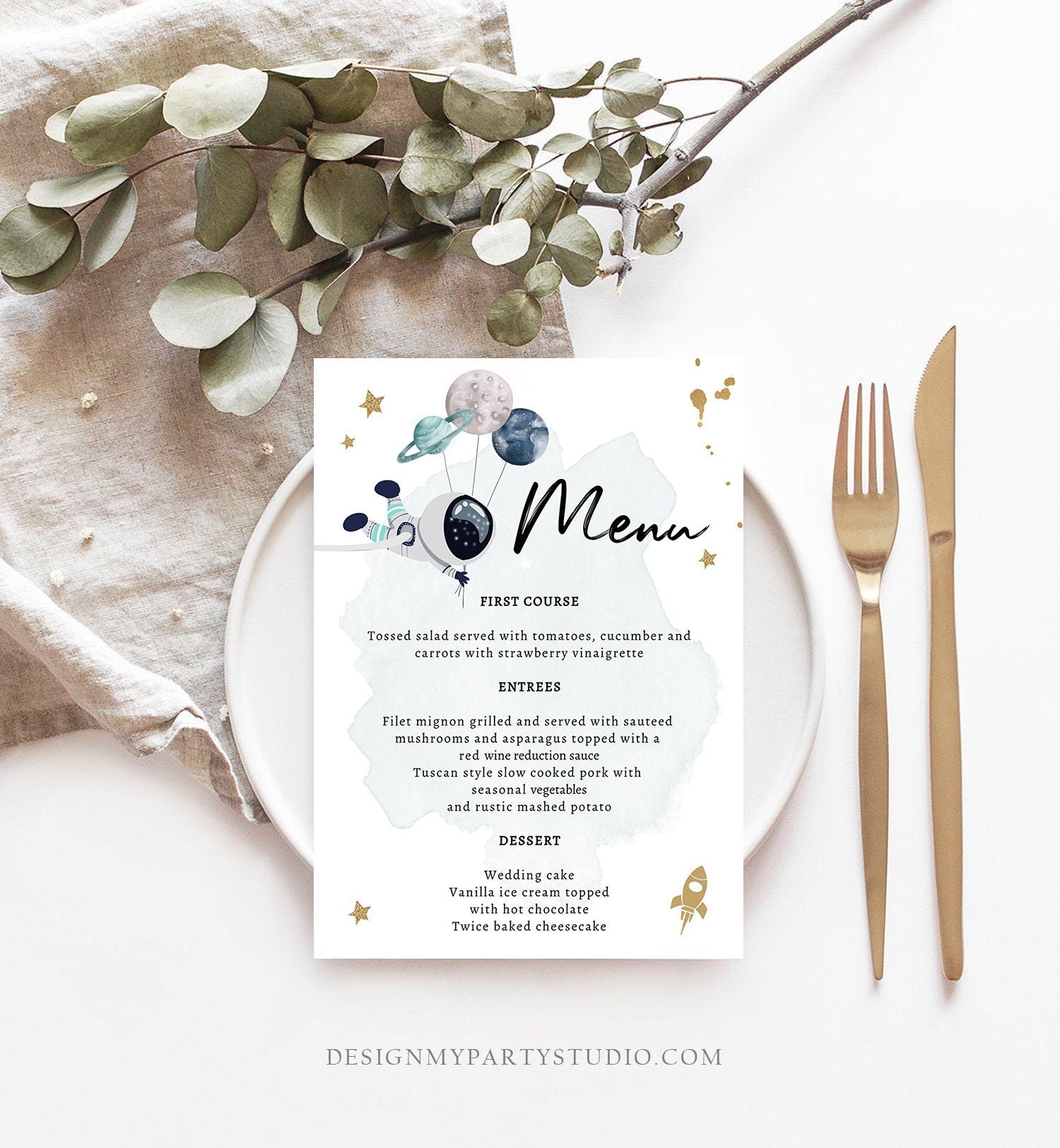 Editable Outer Space Menu Card Space Birthday Galaxy Trip Around the Sun Boy Planets Astronaut Digital Download Template Printable 0366