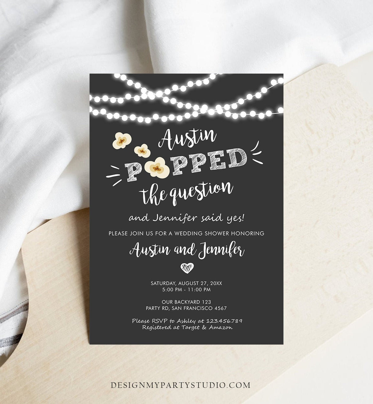 Editable Popped the Question Engagement Party Invitation Couples Shower Rustic Wedding String Lights Popcorn Corjl Template Printable 0110