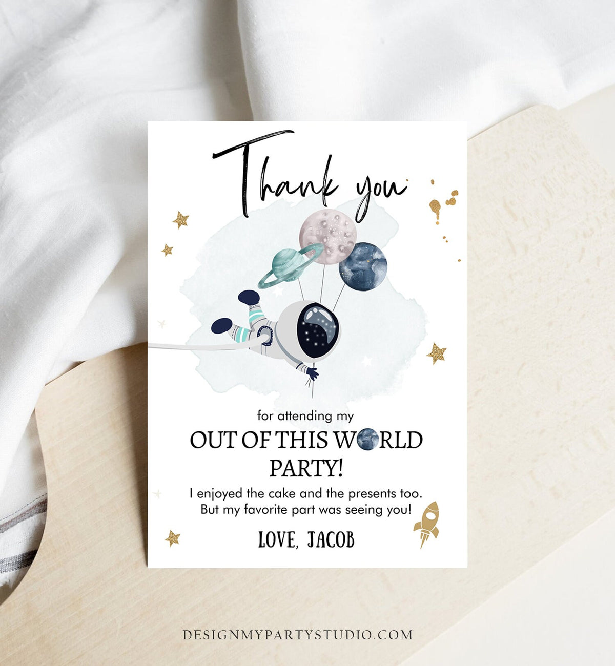 Editable Space Birthday Thank You Card Space Astronaut Galaxy Thank You Note Planets Boy Blue Download Printable Template Digital Corjl 0366