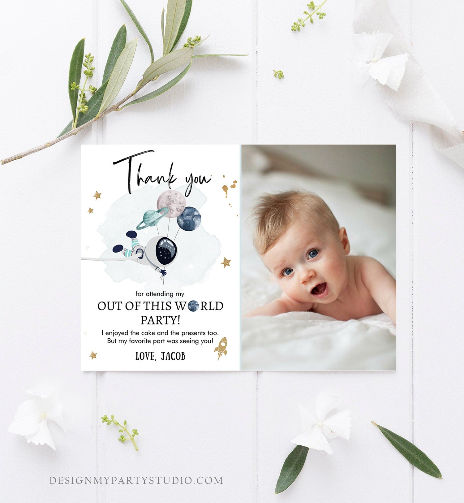 Editable Space Birthday Thank You Card Space Astronaut Galaxy Thank You Note Planets Boy Blue Digital Download Template Printable 0366