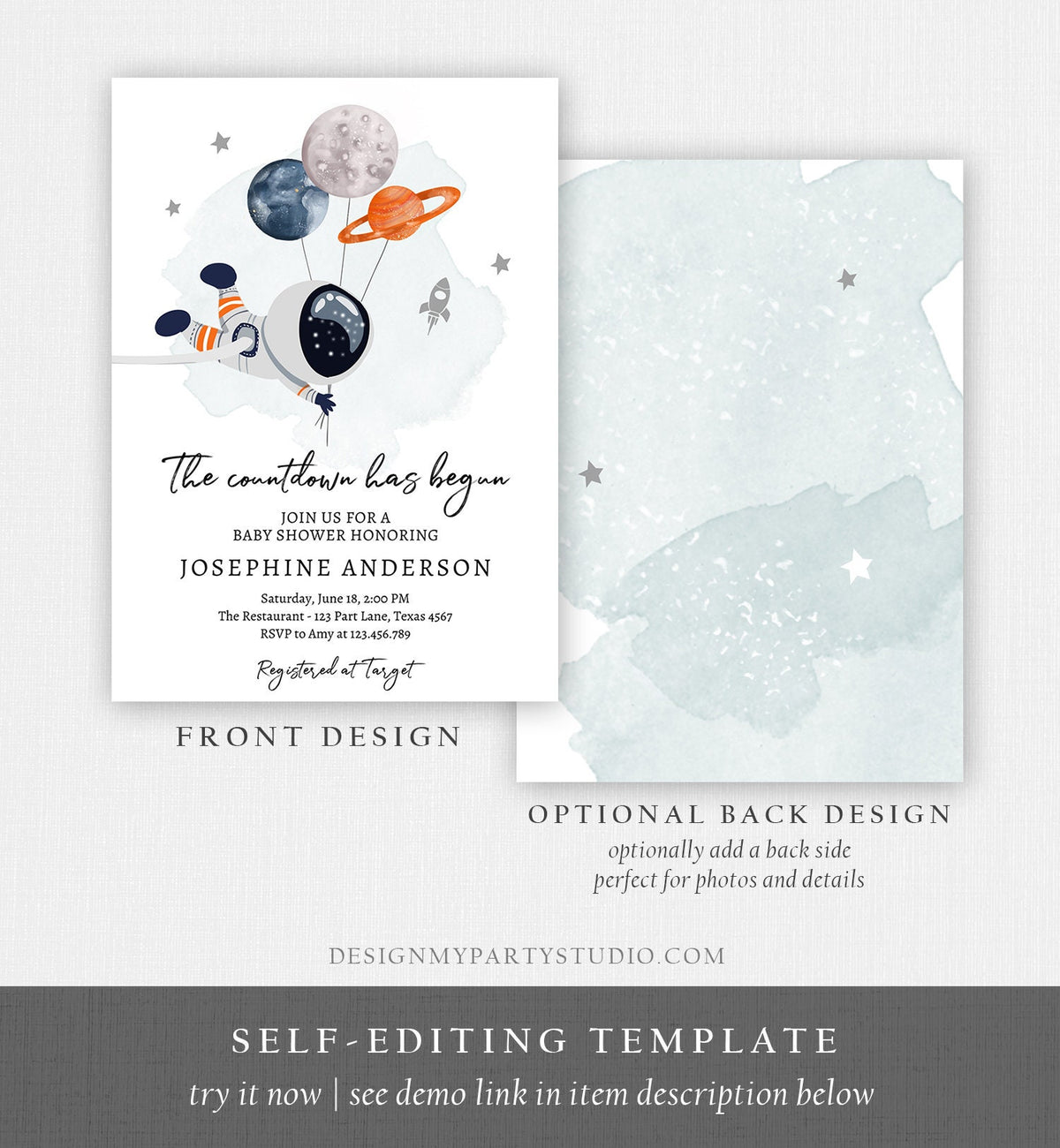 Editable Space Baby Shower Invitation Galaxy Outer Space It&#39;s a Boy Gold Planets Moon Countdown Digital Download Template Printable 0366