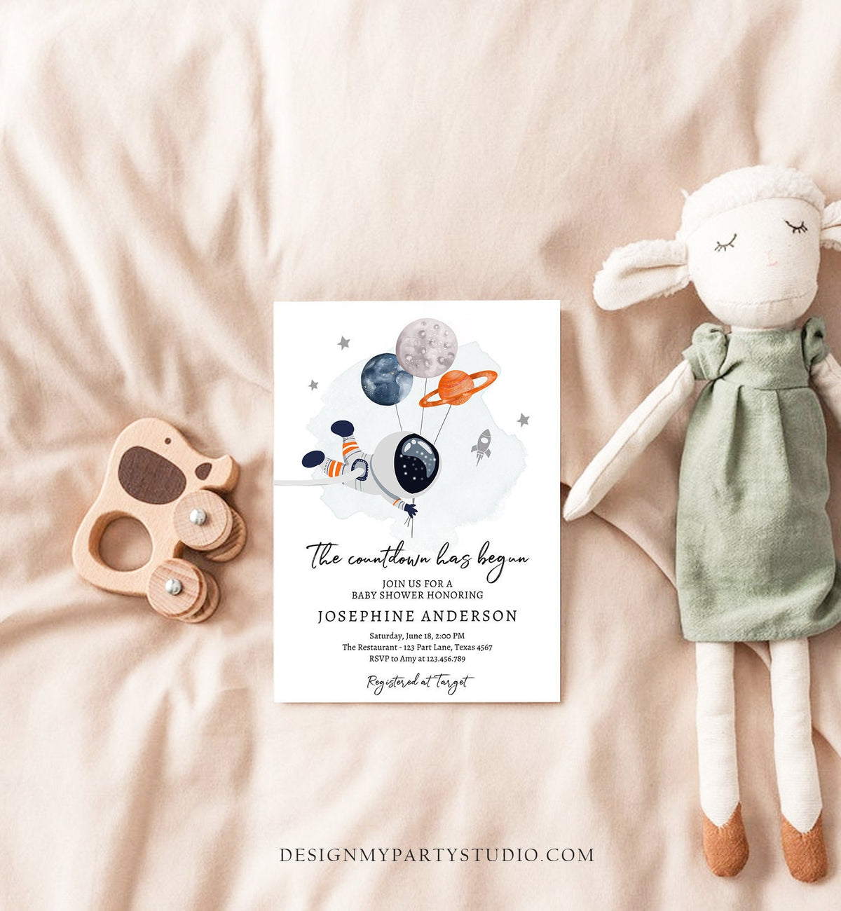 Editable Space Baby Shower Invitation Galaxy Outer Space It&#39;s a Boy Gold Planets Moon Countdown Digital Download Template Printable 0366