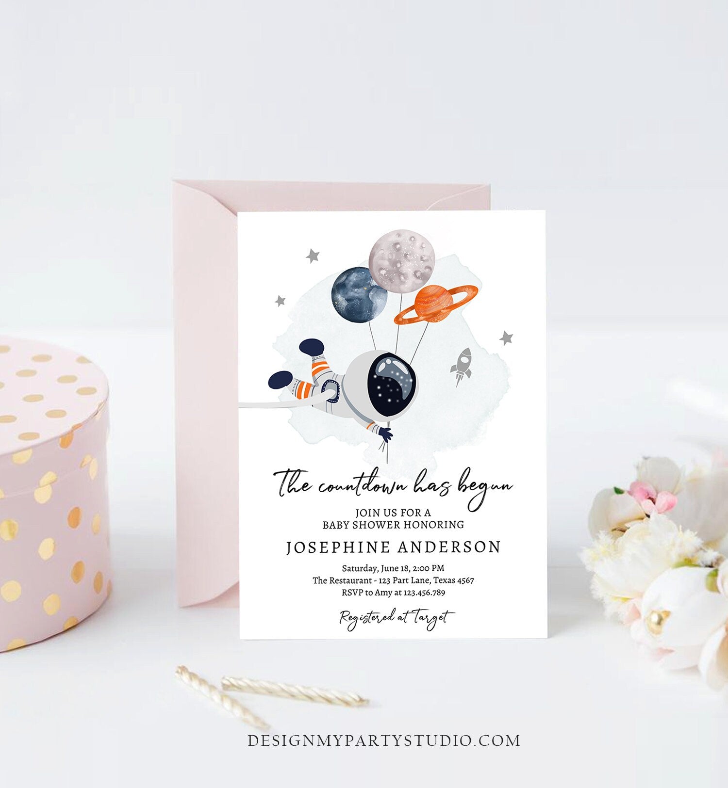 Editable Space Baby Shower Invitation Galaxy Outer Space It's a Boy Gold Planets Moon Countdown Digital Download Template Printable 0366