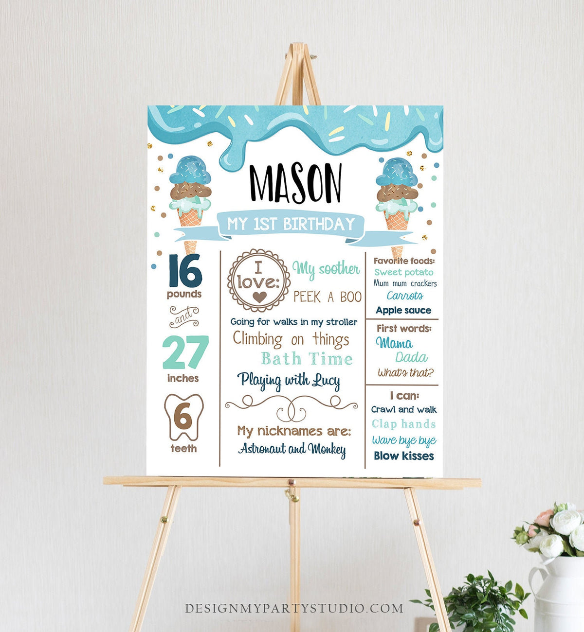 Editable Ice Cream Birthday Milestones Sign Boy First Birthday Sign 1st Firsts Cone Sweet One Poster Download Corjl Template Printable 0243