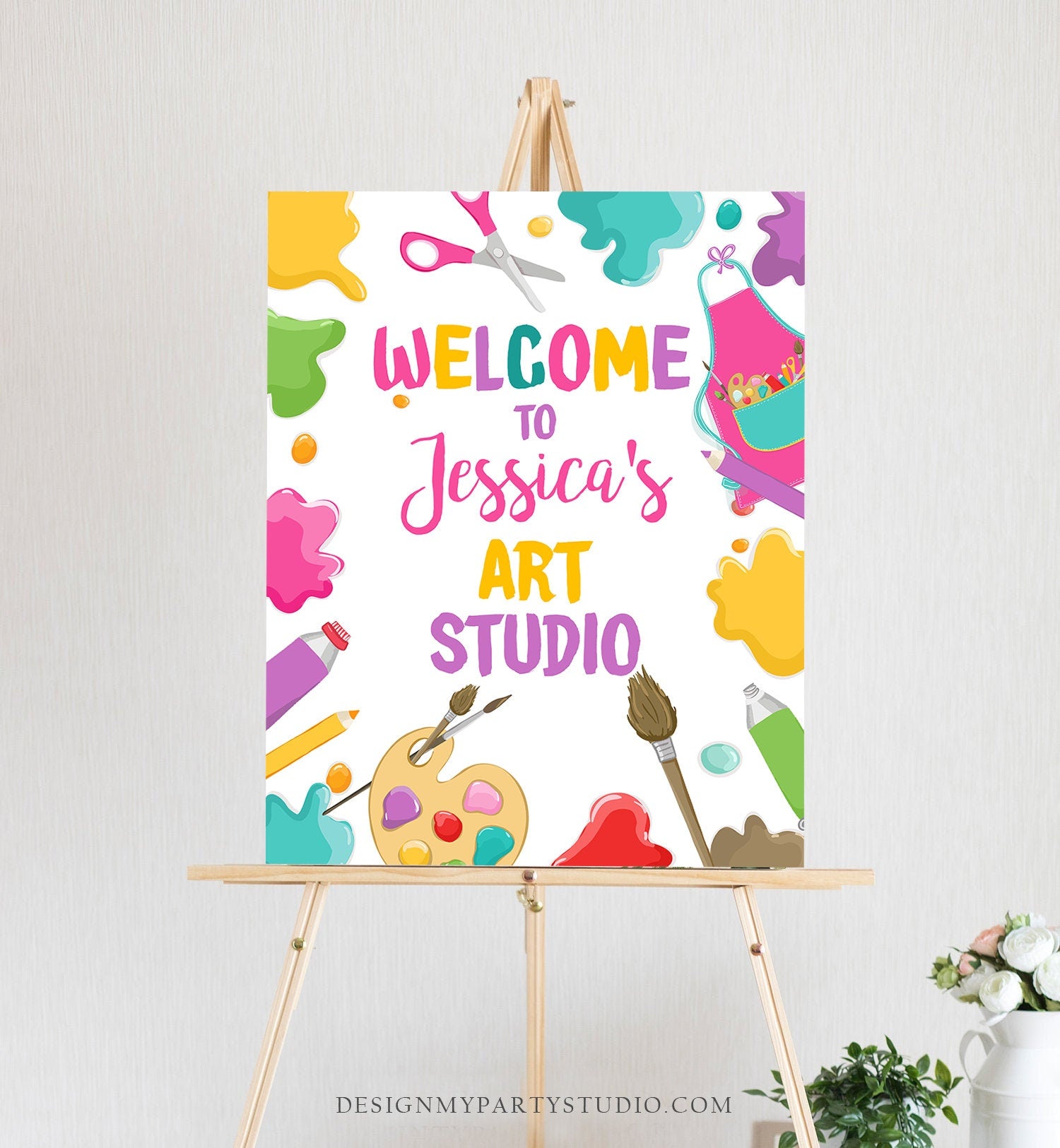 Editable Painting Party Birthday Welcome Sign Art Party Birthday Decor Craft Party Girl Birthday Welcome Pink Template Corjl PRINTABLE 0319