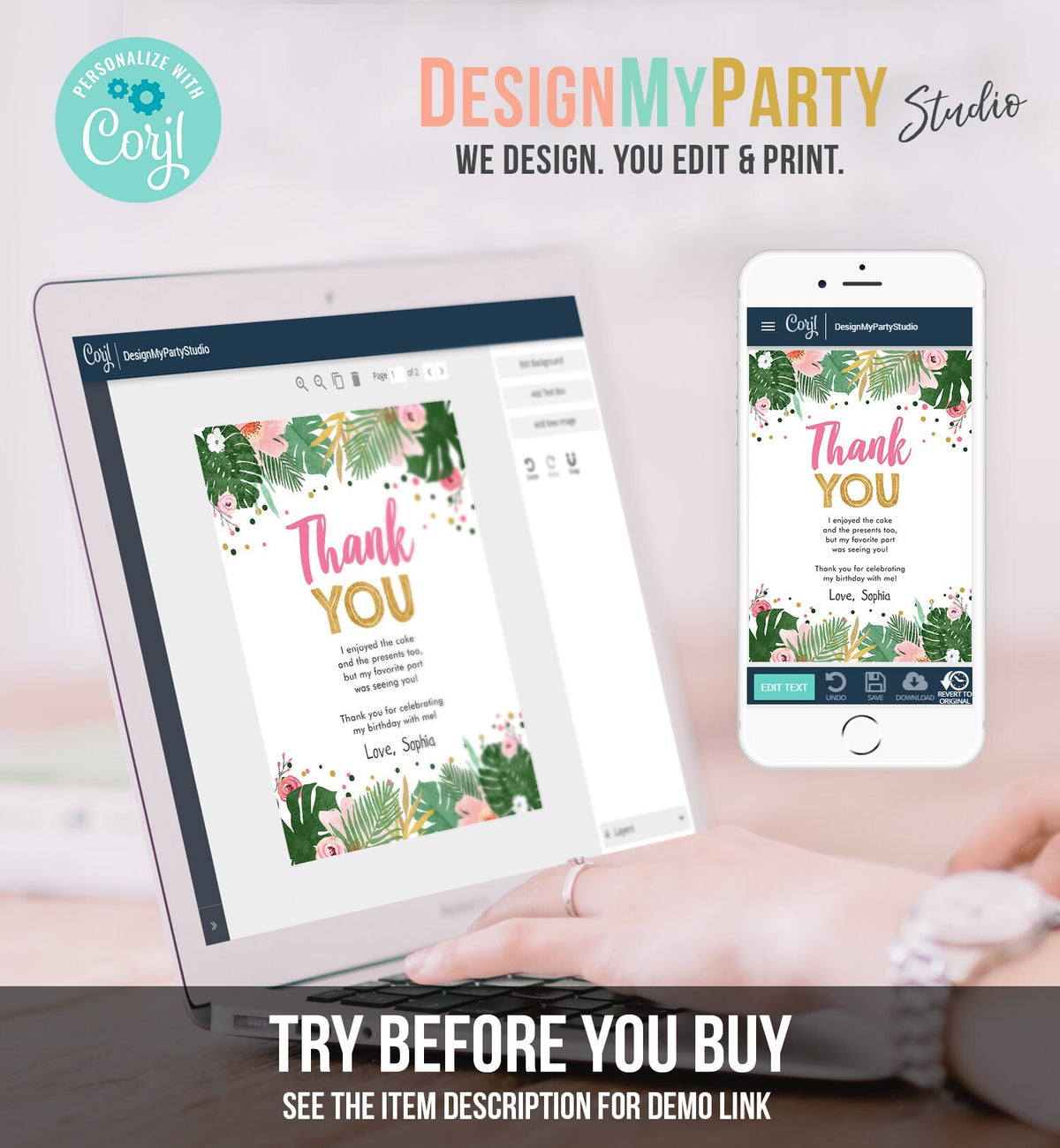 Editable Thank You Card Safari Wild One Two Wild and Three Wild Things Thank You Note Black Gold Photo Girl Pink Jungle Corjl Template 0332