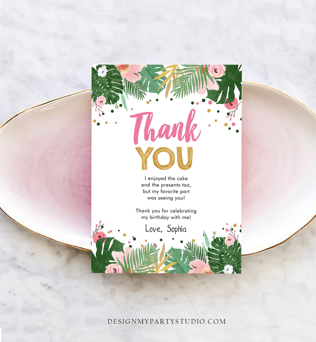 Editable Thank You Card Safari Wild One Two Wild and Three Wild Things Thank You Note Black Gold Photo Girl Pink Jungle Corjl Template 0332