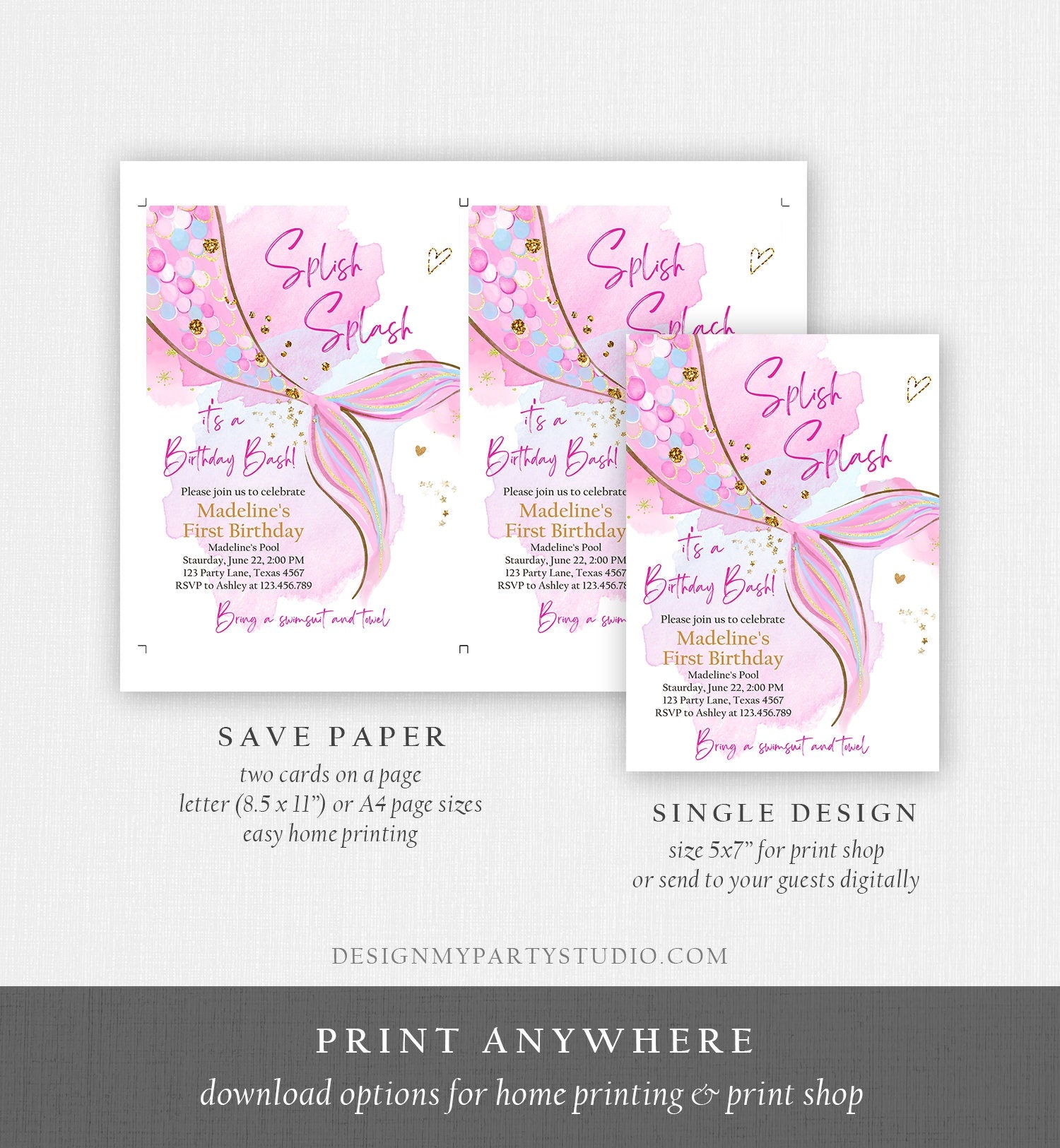 Editable Mermaid Birthday Party Invitation Girl Blush Pink Gold Mermaid Birthday Under The Sea Download Printable Template Corjl 0403