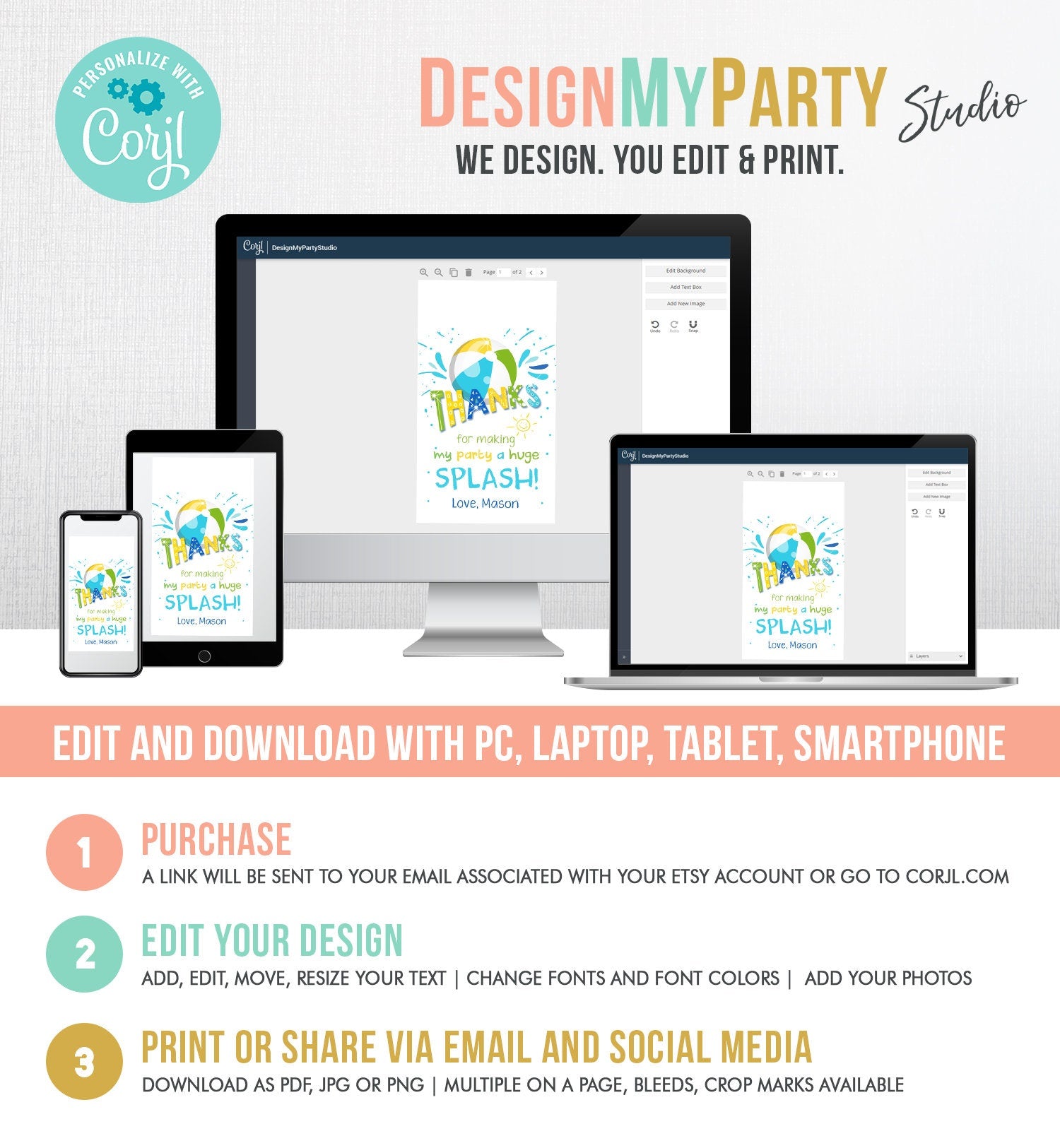 Editable Pool Party Favor Tag Splish Splash Birthday Bash Thank You Tag Boy Summer Beach Goodie Bag Download Digital Template Printable 0169