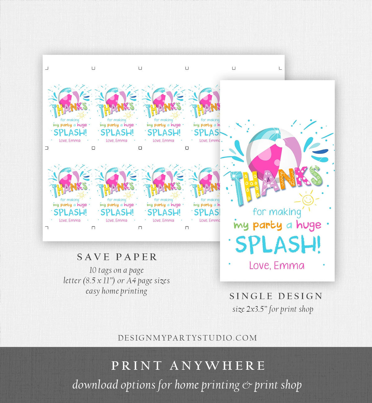 Editable Pool Party Favor Tag Splish Splash Birthday Bash Thank You Tag Girl Summer Beach Goodie Digital Download Template Printable 0169
