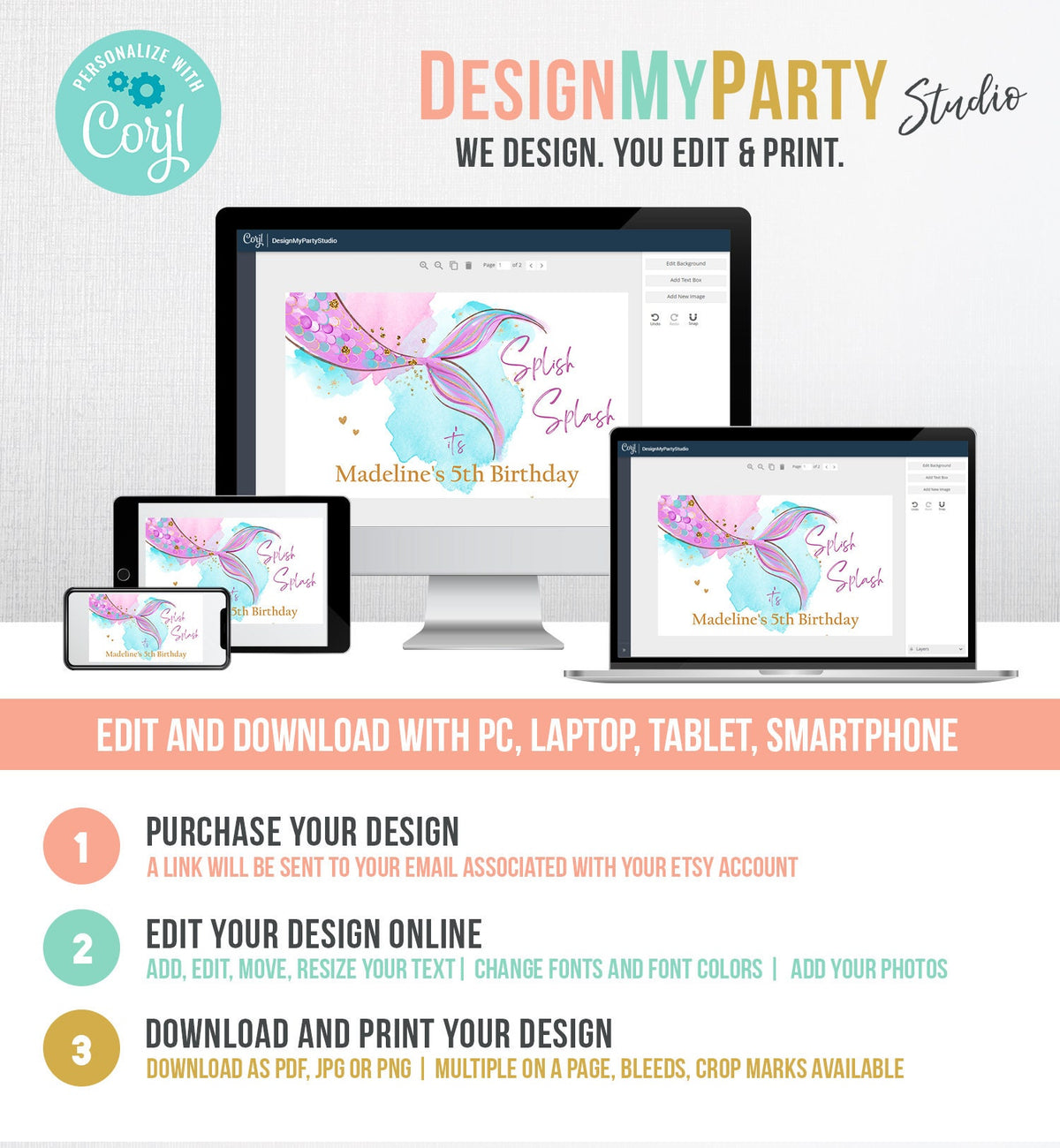 Editable Mermaid Backdrop Banner Mermaid Birthday Girl Pink Purple Gold Watercolor Under The Sea Digital Download Template Printable 0403