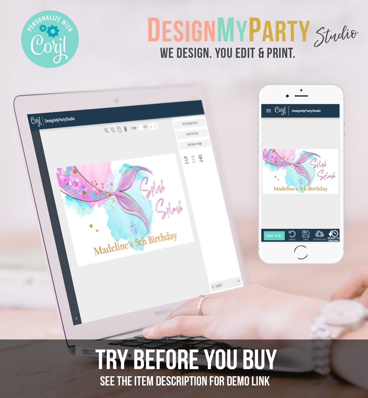 Editable Mermaid Backdrop Banner Mermaid Birthday Girl Pink Purple Gold Watercolor Under The Sea Digital Download Template Printable 0403