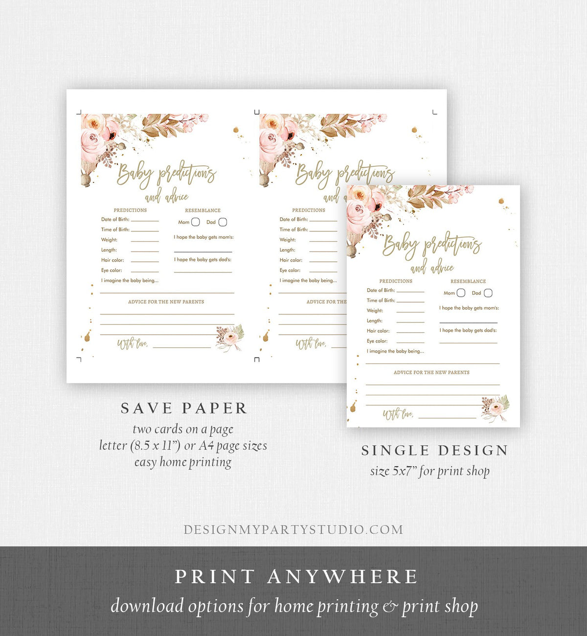 Editable Baby Predictions Baby Shower Game Advice Pampas Grass Bohemian Baby Shower Activity Tropical Desert Corjl Template Printable 0395