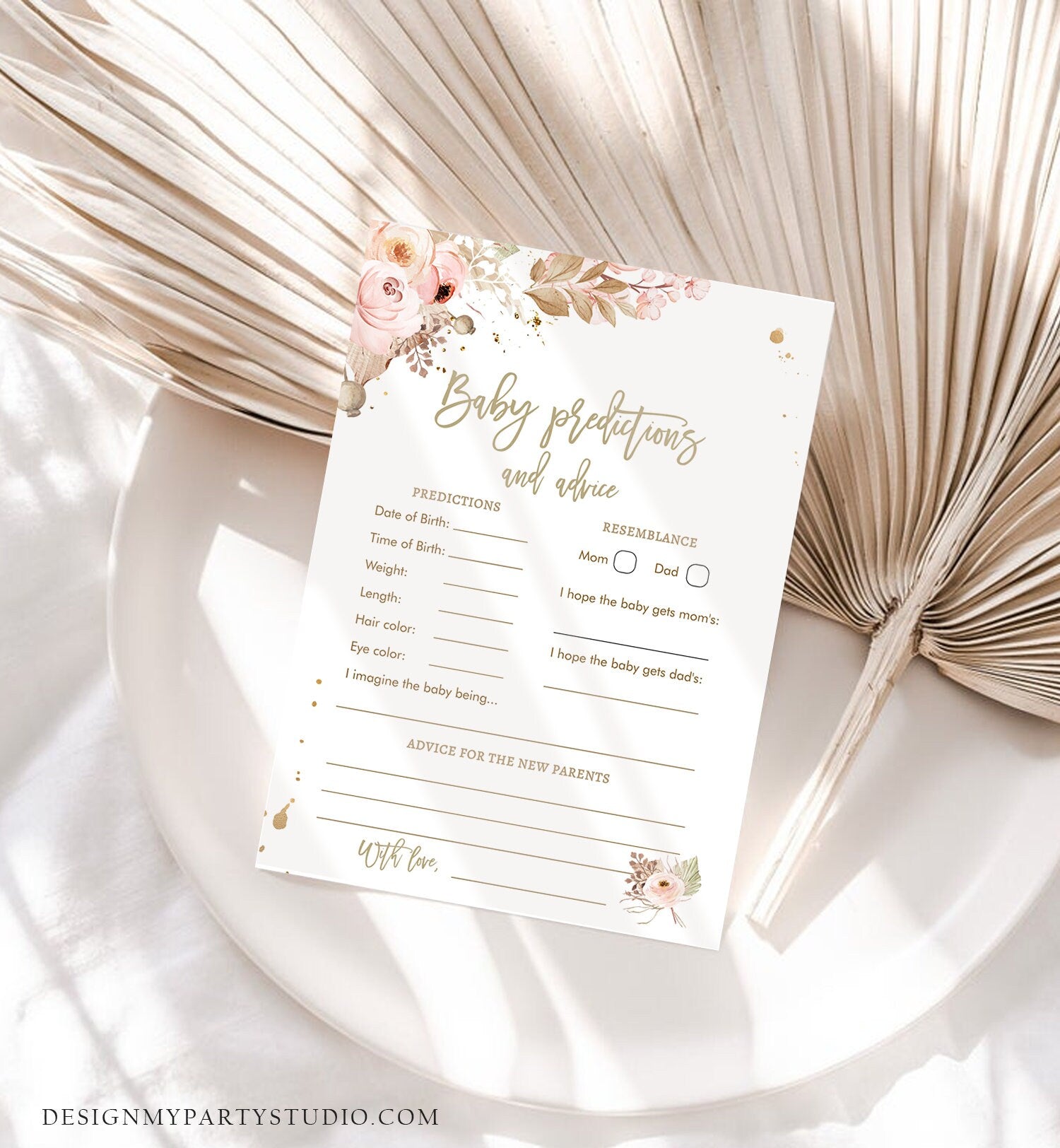 Editable Baby Predictions Baby Shower Game Advice Pampas Grass Bohemian Baby Shower Activity Tropical Desert Corjl Template Printable 0395