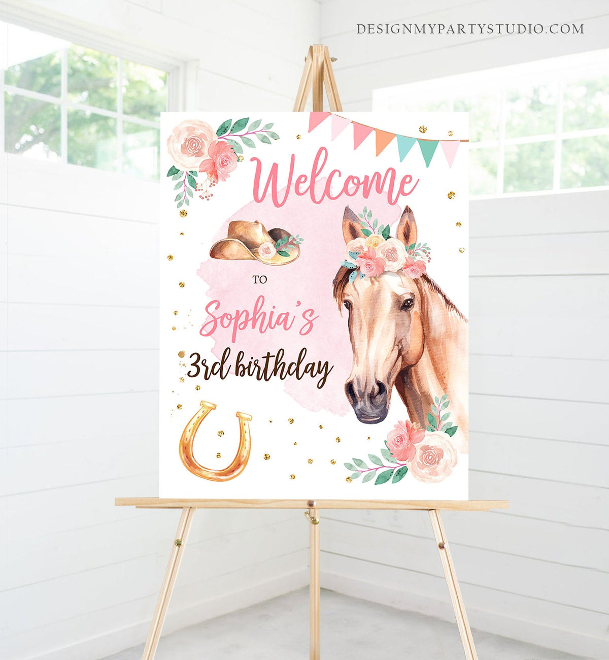 Editable Horse Birthday Welcome Sign Pony Birthday Welcome Sign Cowgirl Party Floral Girl Horse Party Download Template Corjl PRINTABLE 0398