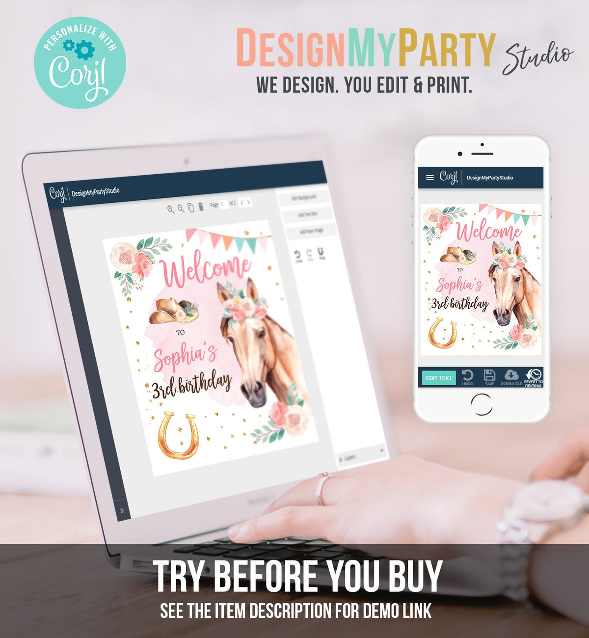 Editable Horse Birthday Welcome Sign Pony Birthday Welcome Sign Cowgirl Party Floral Girl Horse Party Download Template Corjl PRINTABLE 0398
