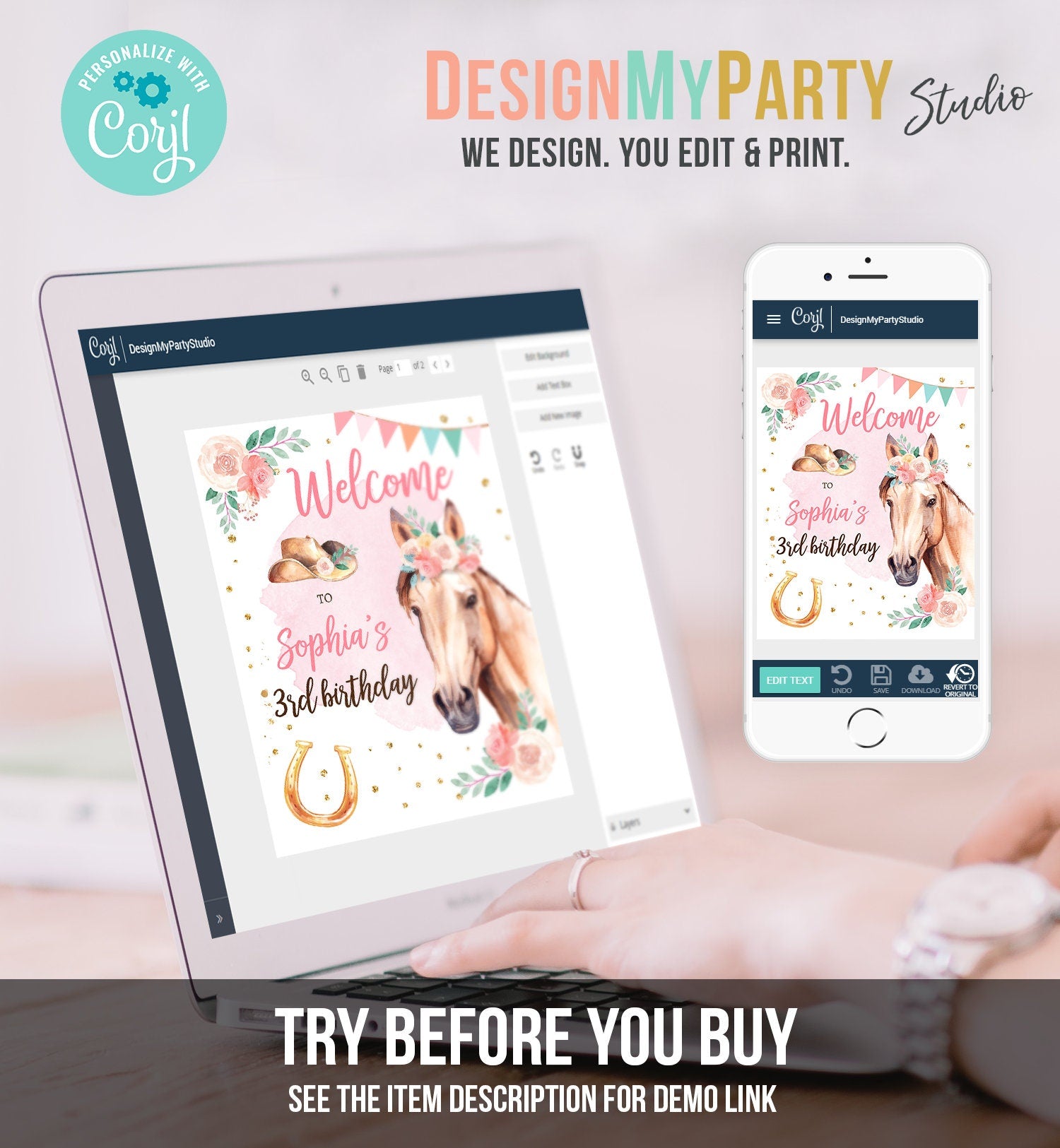 Editable Horse Birthday Welcome Sign Pony Birthday Welcome Sign Cowgirl Party Floral Girl Horse Party Download Template Corjl PRINTABLE 0398