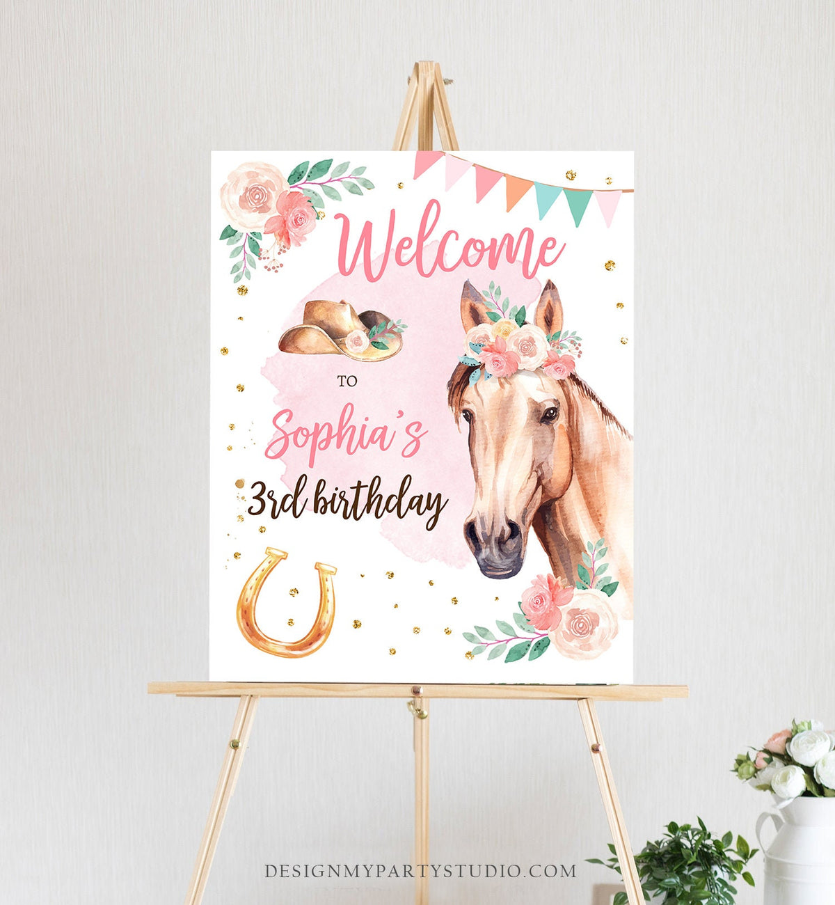 Editable Horse Birthday Welcome Sign Pony Birthday Welcome Sign Cowgirl Party Floral Girl Horse Party Download Template Corjl PRINTABLE 0398