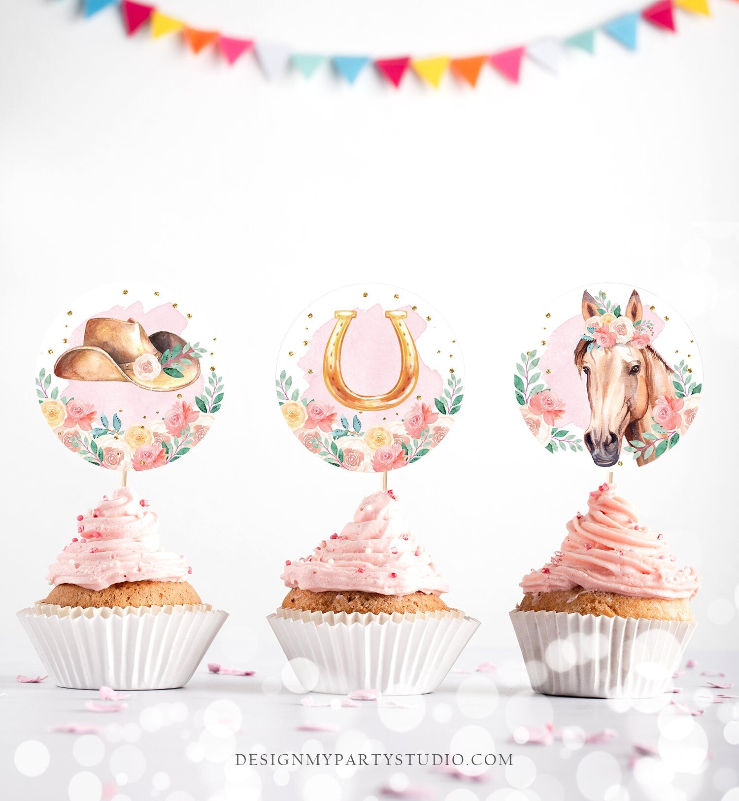 Horse Cupcake Toppers Favor Tags Girl Saffle Up Pony Birthday Party Decoration Cowgirl Floral Horse Pink Download Digital PRINTABLE 0398