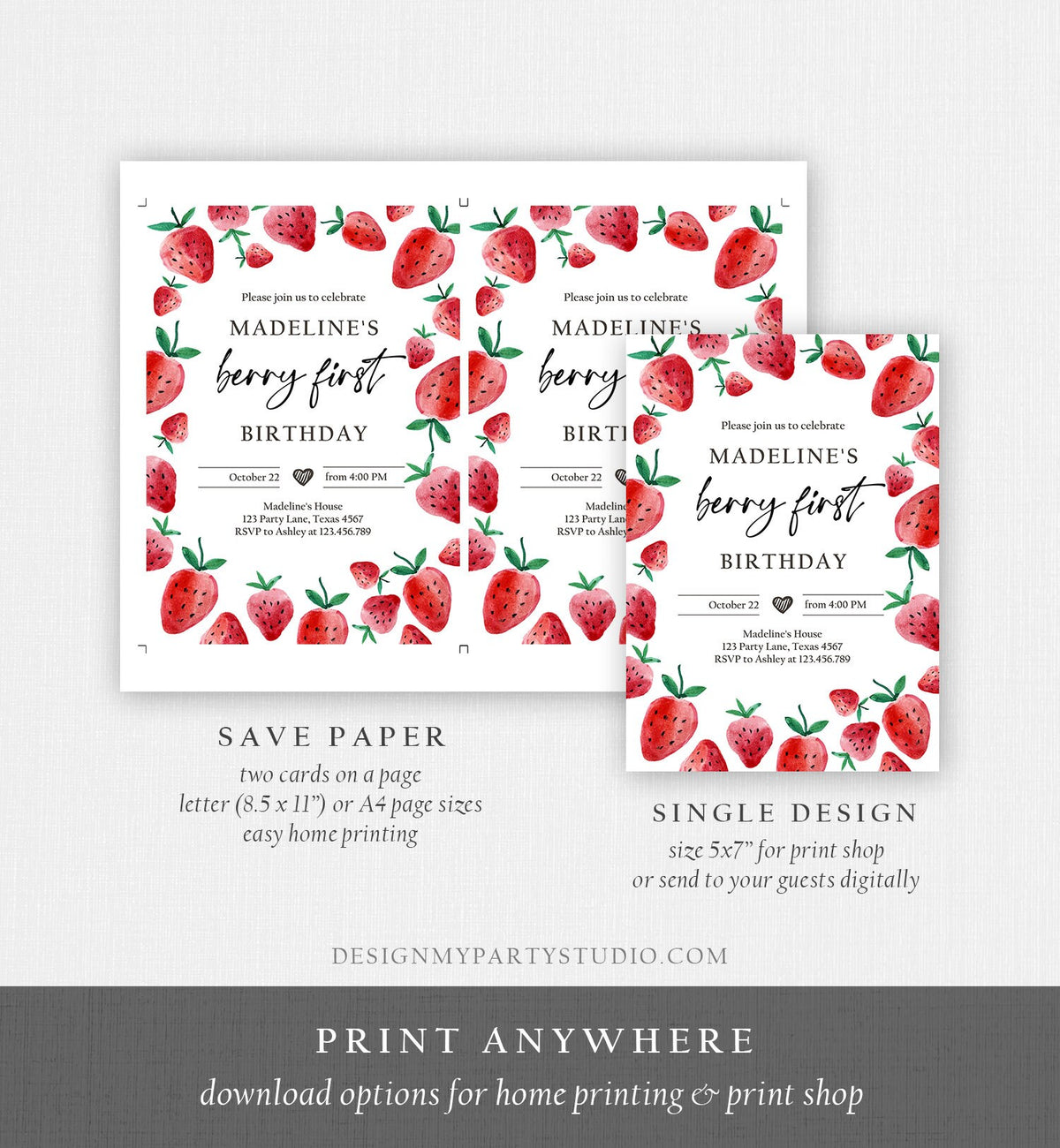 Editable Strawberry Birthday Invitation First Birthday Berry Sweet Girl Cute Strawberries 1st Digital Download Template Printable 0399
