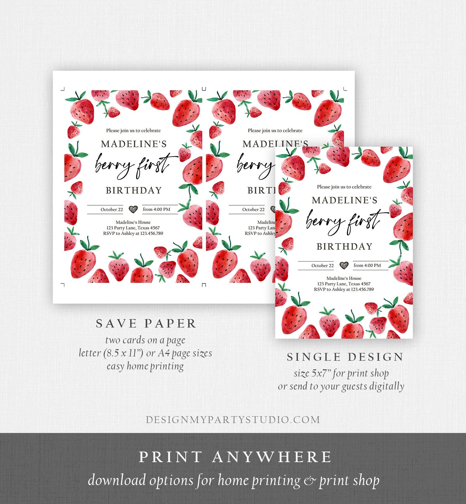 Editable Strawberry Birthday Invitation First Birthday Berry Sweet Girl Cute Strawberries 1st Digital Download Template Printable 0399