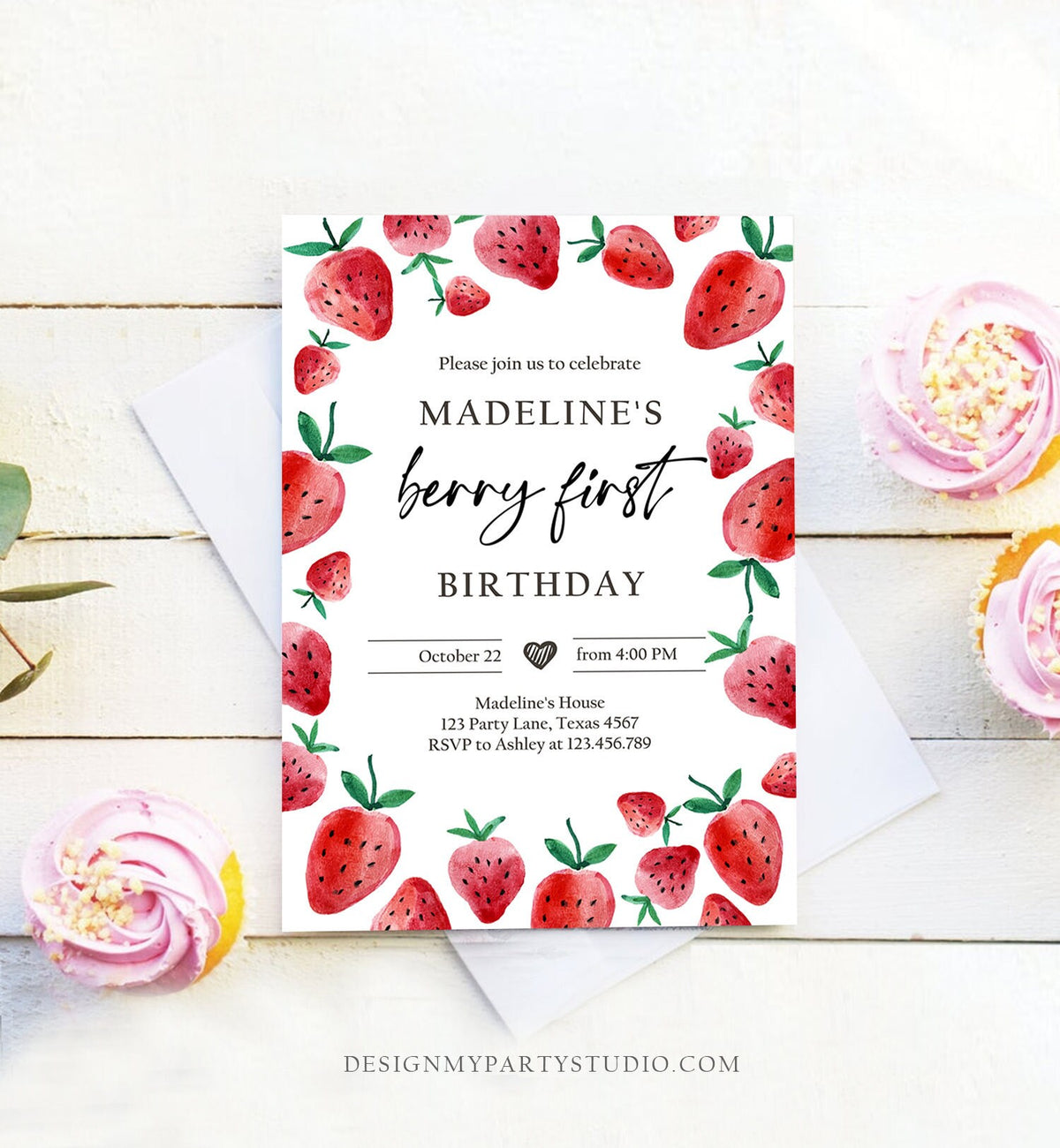 Editable Strawberry Birthday Invitation First Birthday Berry Sweet Girl Cute Strawberries 1st Digital Download Template Printable 0399
