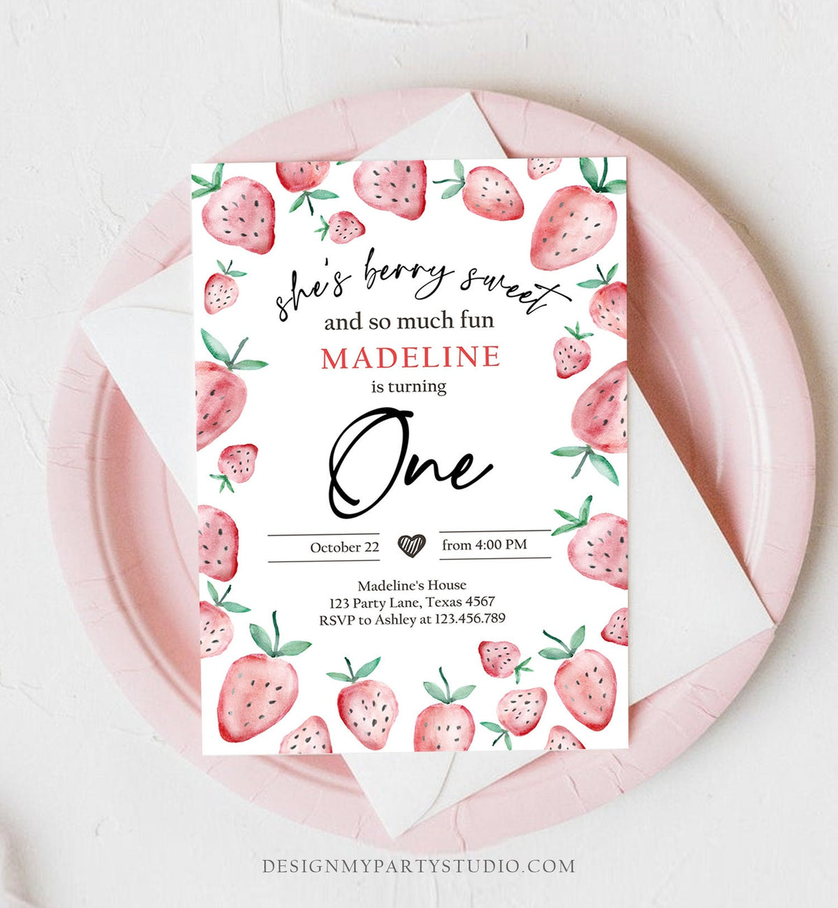 Editable Strawberry Birthday Invitation First Birthday Berry Sweet Girl Cute Strawberries 1st Download Printable Template Corjl Digital 0399