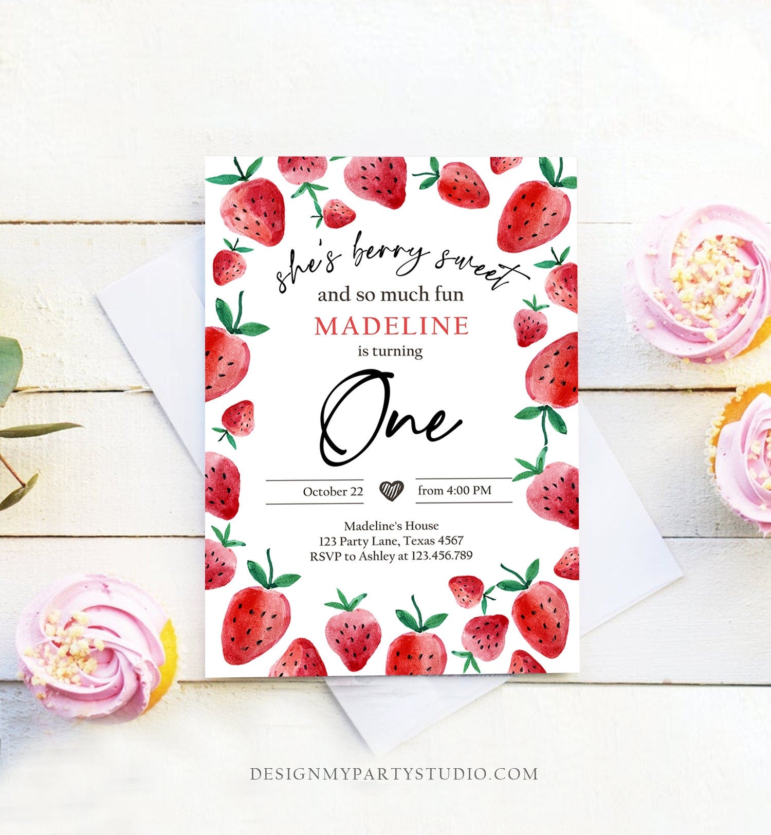 Editable Strawberry Birthday Invitation First Birthday Berry Sweet Girl Cute Strawberries 1st Download Printable Template Corjl Digital 0399
