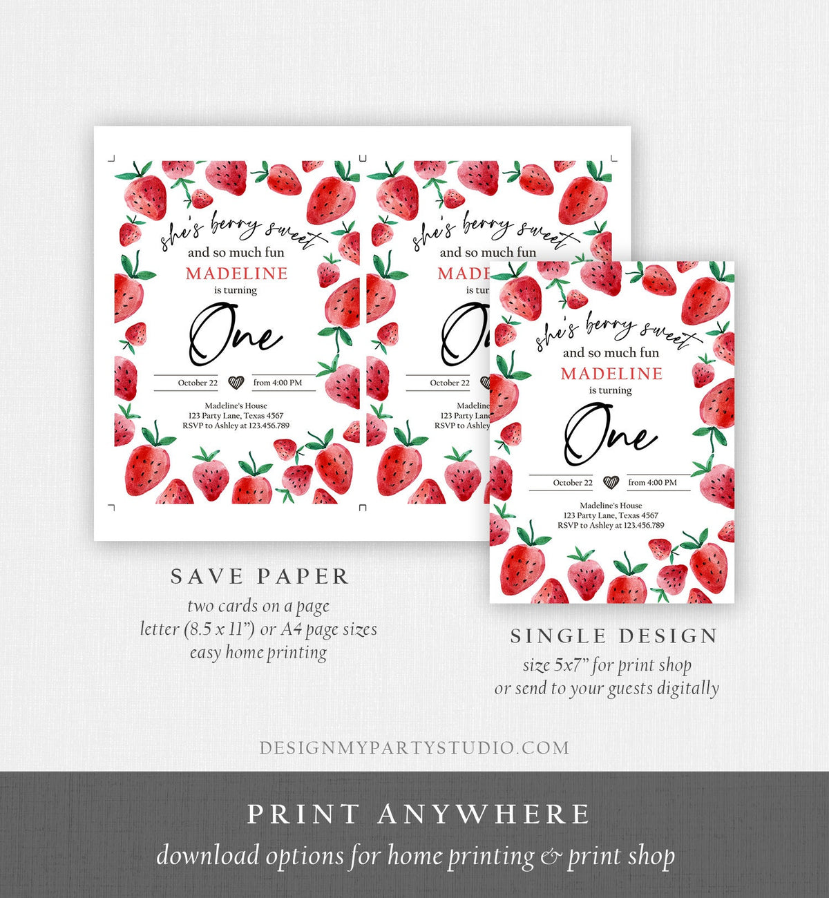 Editable Strawberry Birthday Invitation First Birthday Berry Sweet Girl Cute Strawberries 1st Download Printable Template Corjl Digital 0399