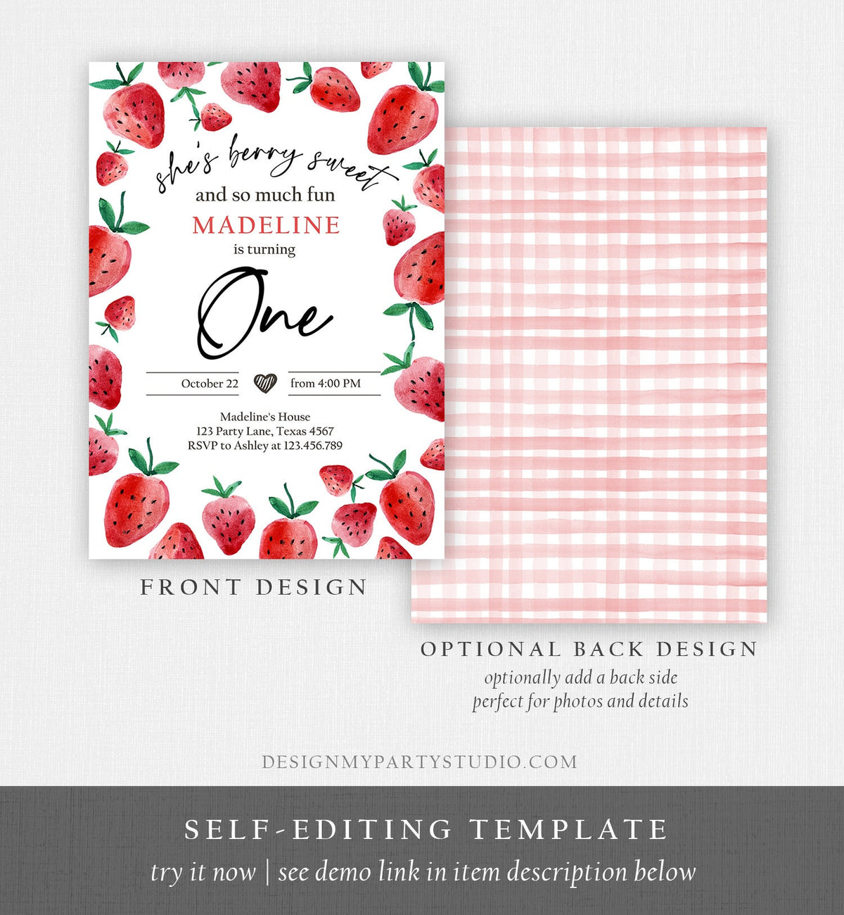 Editable Strawberry Birthday Invitation First Birthday Berry Sweet Girl Cute Strawberries 1st Download Printable Template Corjl Digital 0399