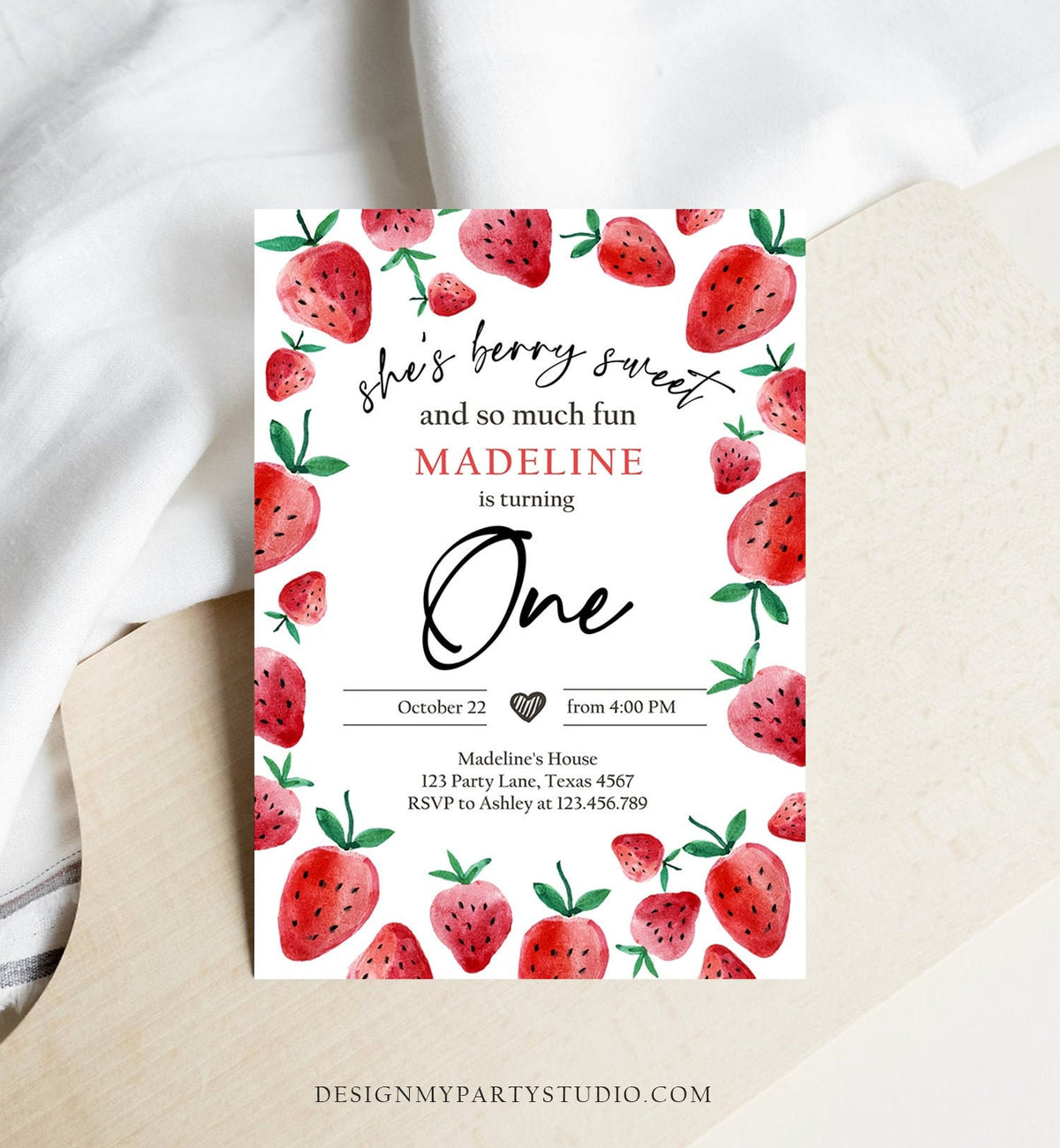 Editable Strawberry Birthday Invitation First Birthday Berry Sweet Girl Cute Strawberries 1st Download Printable Template Corjl Digital 0399
