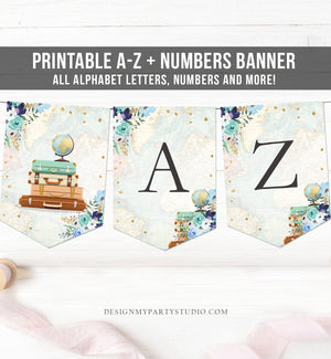 Traveling A-Z Banner Bridal Shower Miss to Mrs Baby Shower Travel Adventure Numbers Blue Floral Gold Banner Decor Download Printable 0030