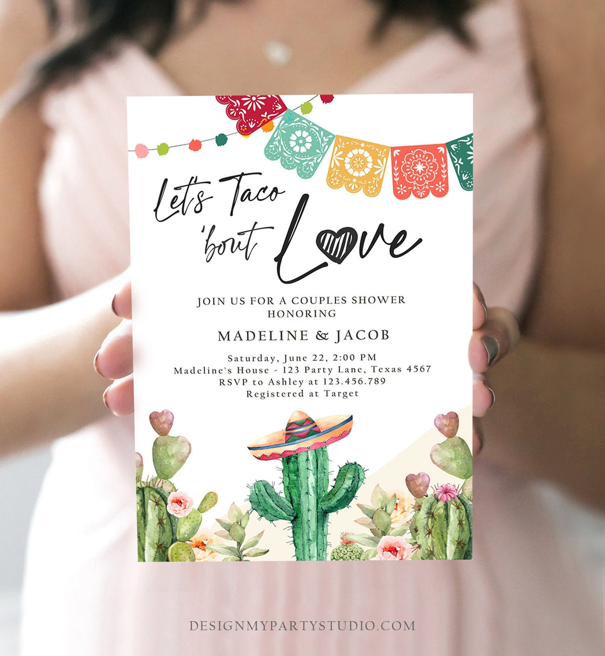 Editable Let&#39;s Taco Bout Love Engagement Invitation Couples Shower Bridal Watercolor Cactus Succulent Fiesta Digital Template Printable 0404