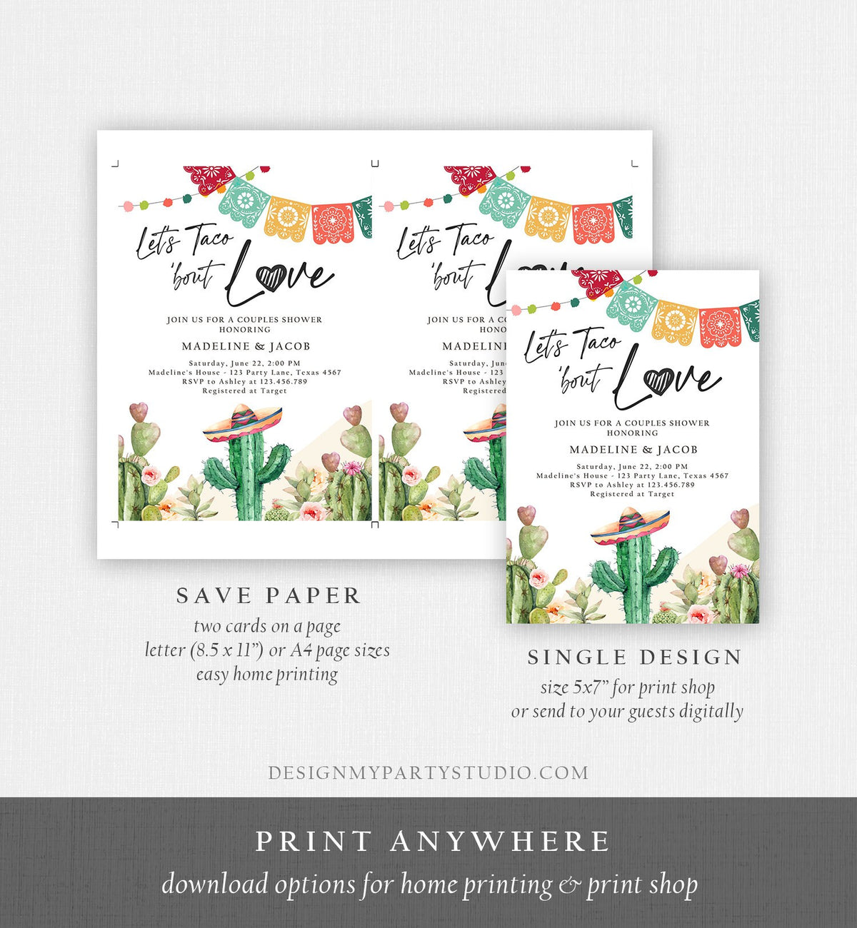 Editable Let&#39;s Taco Bout Love Engagement Invitation Couples Shower Bridal Watercolor Cactus Succulent Fiesta Digital Template Printable 0404