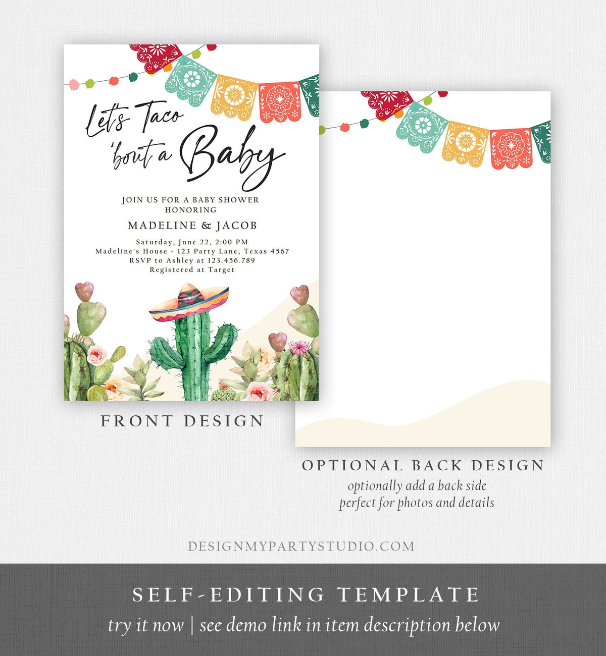 Editable Let&#39;s Taco Bout a Baby Shower Invitation Cactus Mexican Fiesta Couples Shower Desert Watercolor Template Corjl Printable 0404