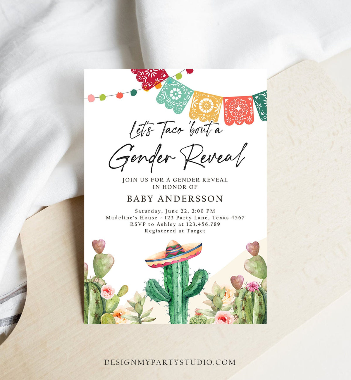 Editable Let&#39;s Taco Bout a Gender Reveal Party Invitation Cactus Mexican Fiesta He or She Boy Girl Watercolor Template Corjl Printable 0404