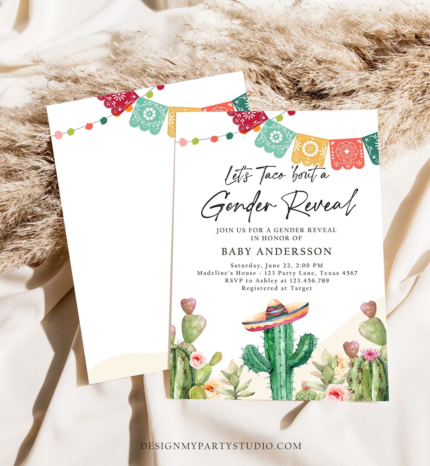 Editable Let's Taco Bout a Gender Reveal Party Invitation Cactus Mexican Fiesta He or She Boy Girl Watercolor Template Corjl Printable 0404