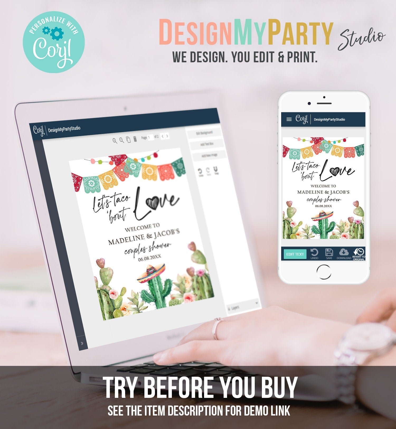 Editable Taco Bout Love Welcome Sign Couples Shower Cactus Mexican Succulent Bridal Shower Wedding Watercolor Corjl Template Printable 0404