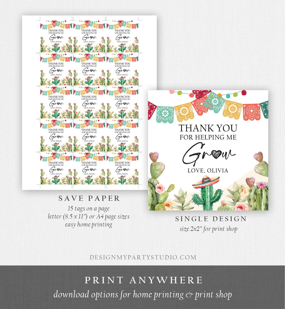 Editable Teacher Appreciation Favor Tag Thank You for Helping Me Grow Succulent Fiesta Cactus Teacher Digital Template Printable 0464