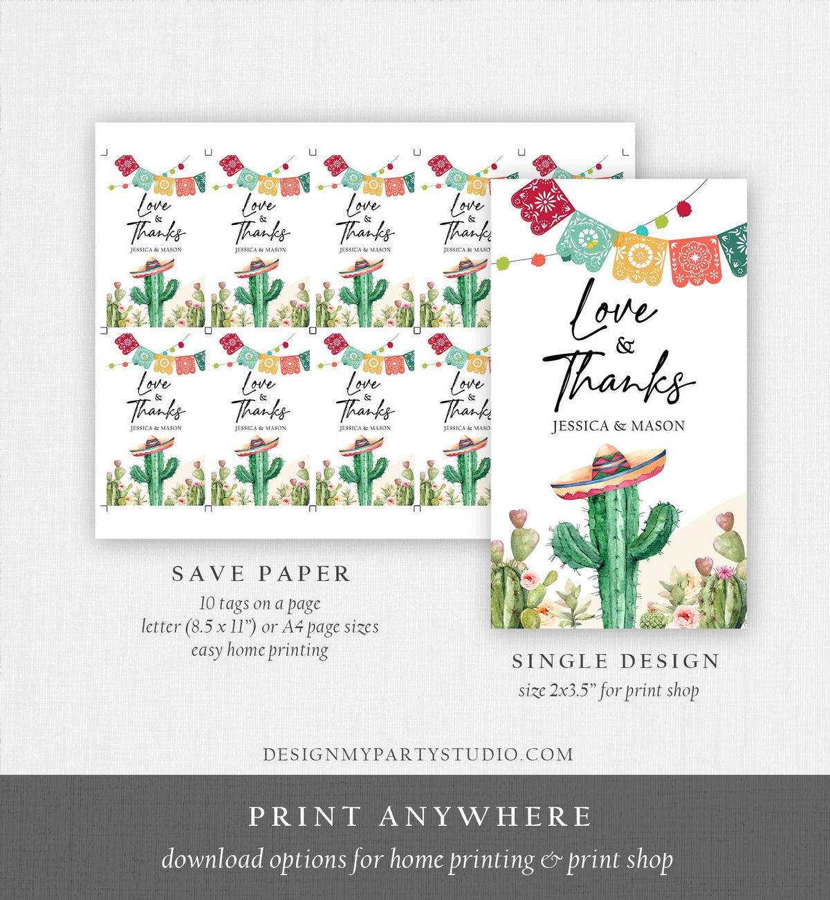 Editable Cactus Fiesta Favor Tags Love and Thanks Mexican Muchas Gracias Bridal Shower Succulent Couples Digital Template Printable 0404