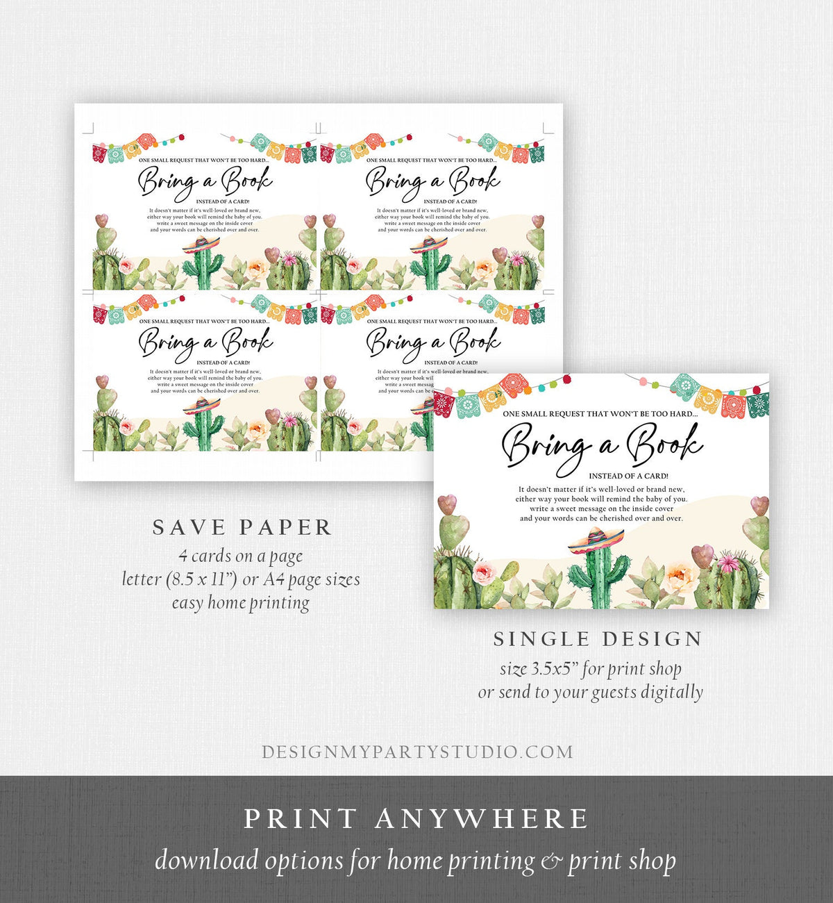 Editable Bring a Book Card Baby Shower Cactus Fiesta Taco Bout a Baby Book Insert Books for Baby Request Digital Template Printable 0404