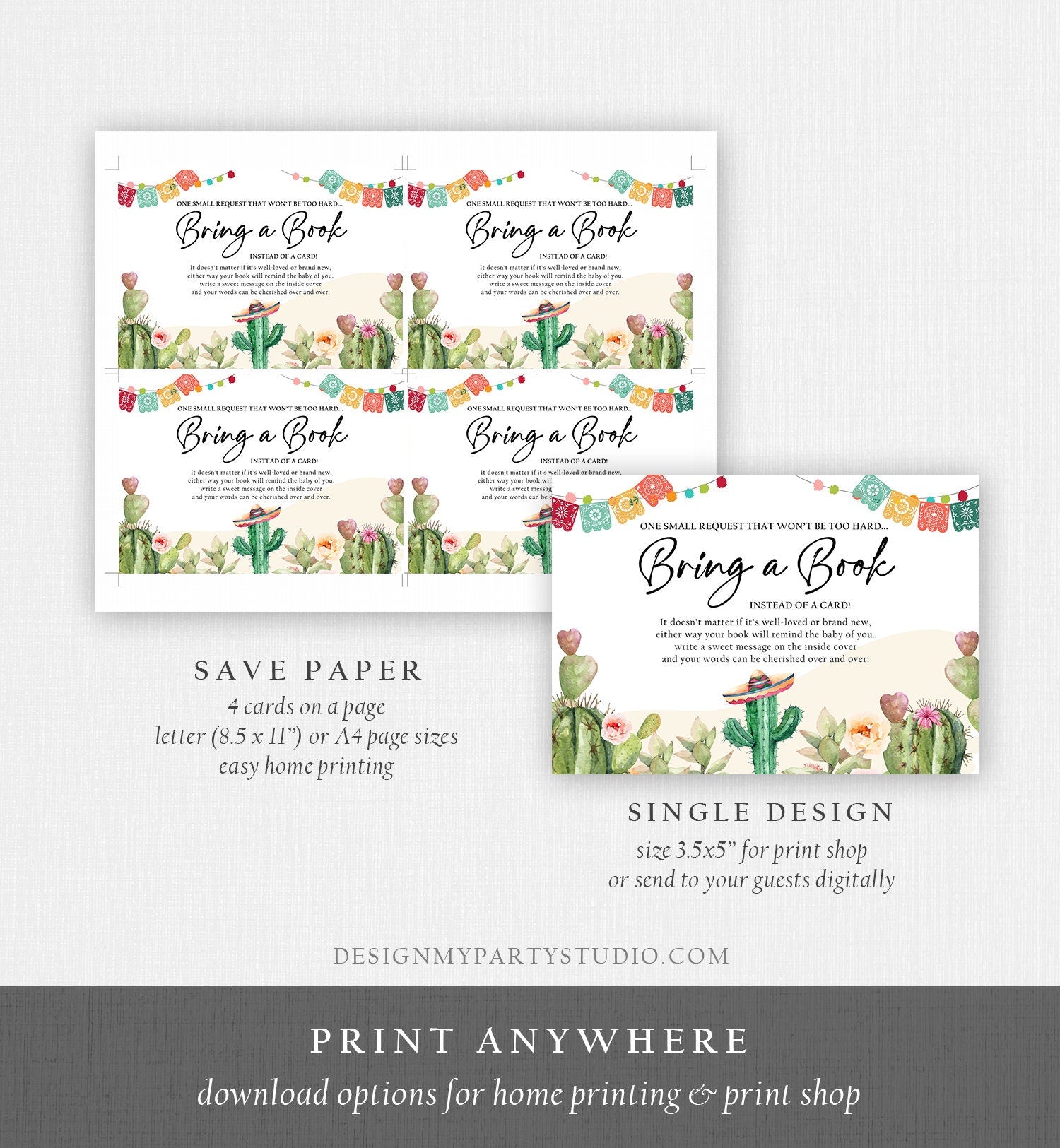 Editable Bring a Book Card Baby Shower Cactus Fiesta Taco Bout a Baby Book Insert Books for Baby Request Digital Template Printable 0404